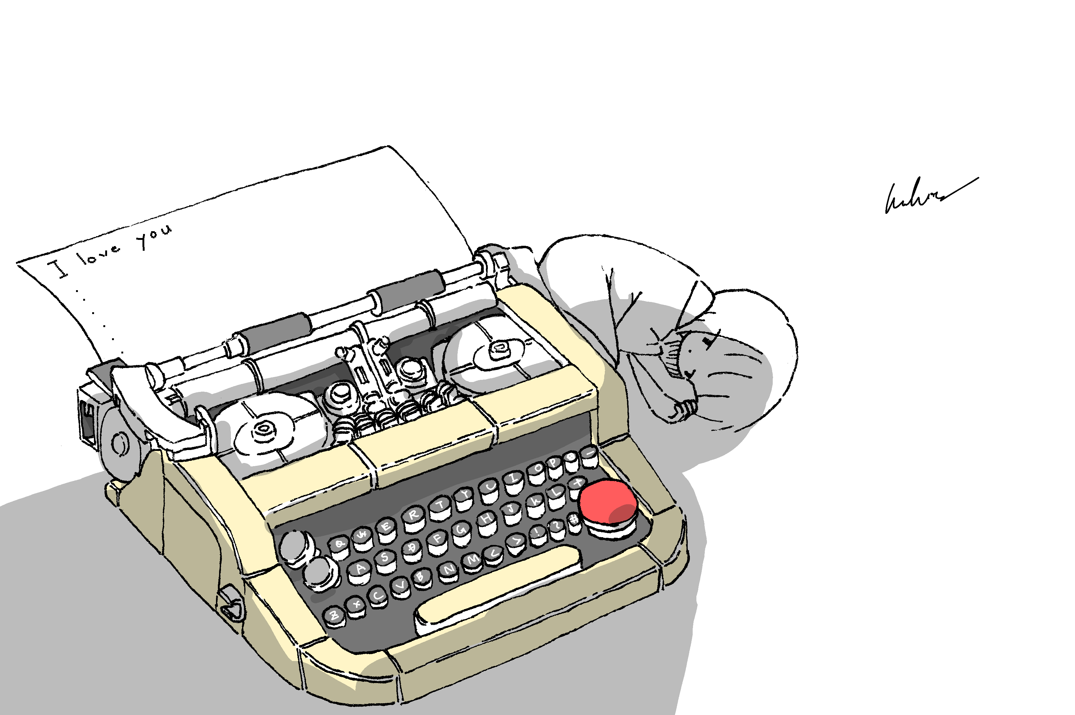 kaduise, original, absurdres, commentary, highres, 1girl, english text, limited palette, lying, mini person, minigirl, on side, short hair, short sleeves, signature, solo, typewriter