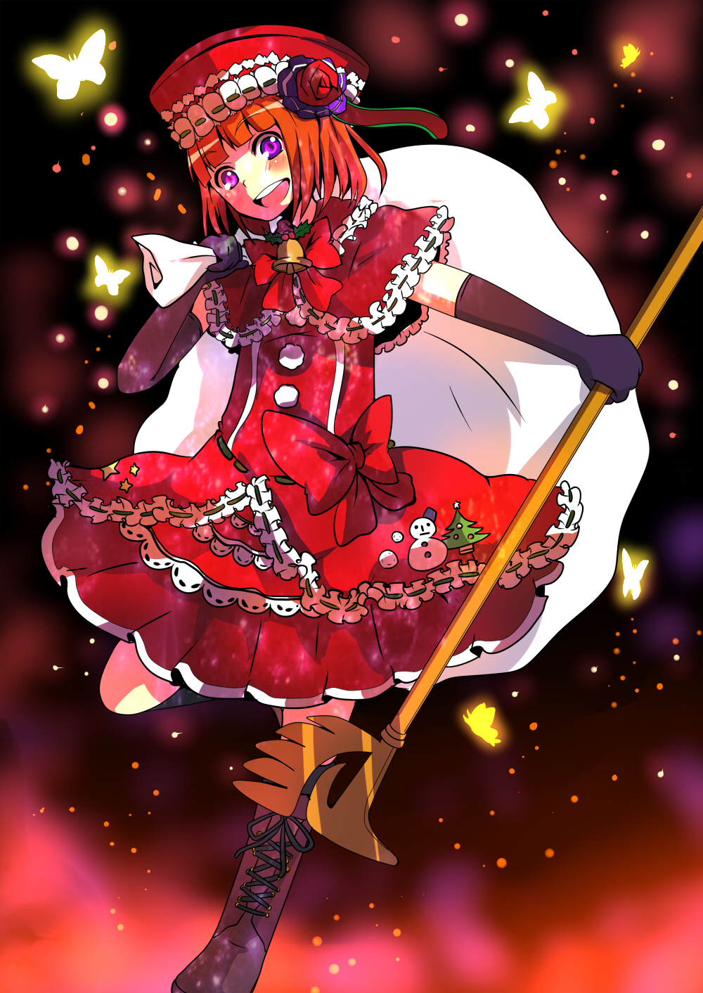 pun2, eva beatrice, umineko no naku koro ni, bad id, bad pixiv id, highres, 00s, 1girl, bell, boots, bow, bug, butterfly, christmas, dress, elbow gloves, female focus, flower, gloves, hat, holly, orange hair, purple eyes, rose, sack, santa costume, solo, staff