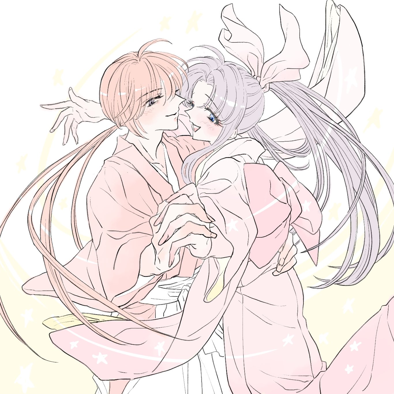 himura kenshin, kamiya kaoru, rurouni kenshin, commentary, highres, symbol-only commentary, 1boy, 1girl, arm around neck, arm around waist, asairi, black hair, blush, closed mouth, couple, cowboy shot, hair between eyes, hair ribbon, haori, hetero, holding hands, interlocked fingers, japanese clothes, kimono, long hair, low ponytail, open mouth, orange hair, parted bangs, pink kimono, pink ribbon, ponytail, red haori, ribbon, sidelocks, smile