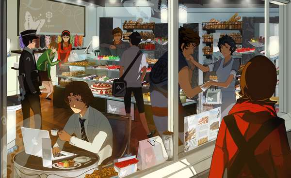 amei, amagi yukiko, demi-fiend, katsuya suou, kuzunoha raidou, narumi shouhei, nocturne, satonaka chie, suou tatsuya, tsukigata akane, tsukigata dahn, adidas, apple inc., atlus, devil summoner (series), persona, persona 2, persona 4, shin megami tensei iii: nocturne, bakery, butterfly, cake, computer, cup, food, french, hat, headband, macintosh, necktie, pastry, product placement, shop, tea, teacup