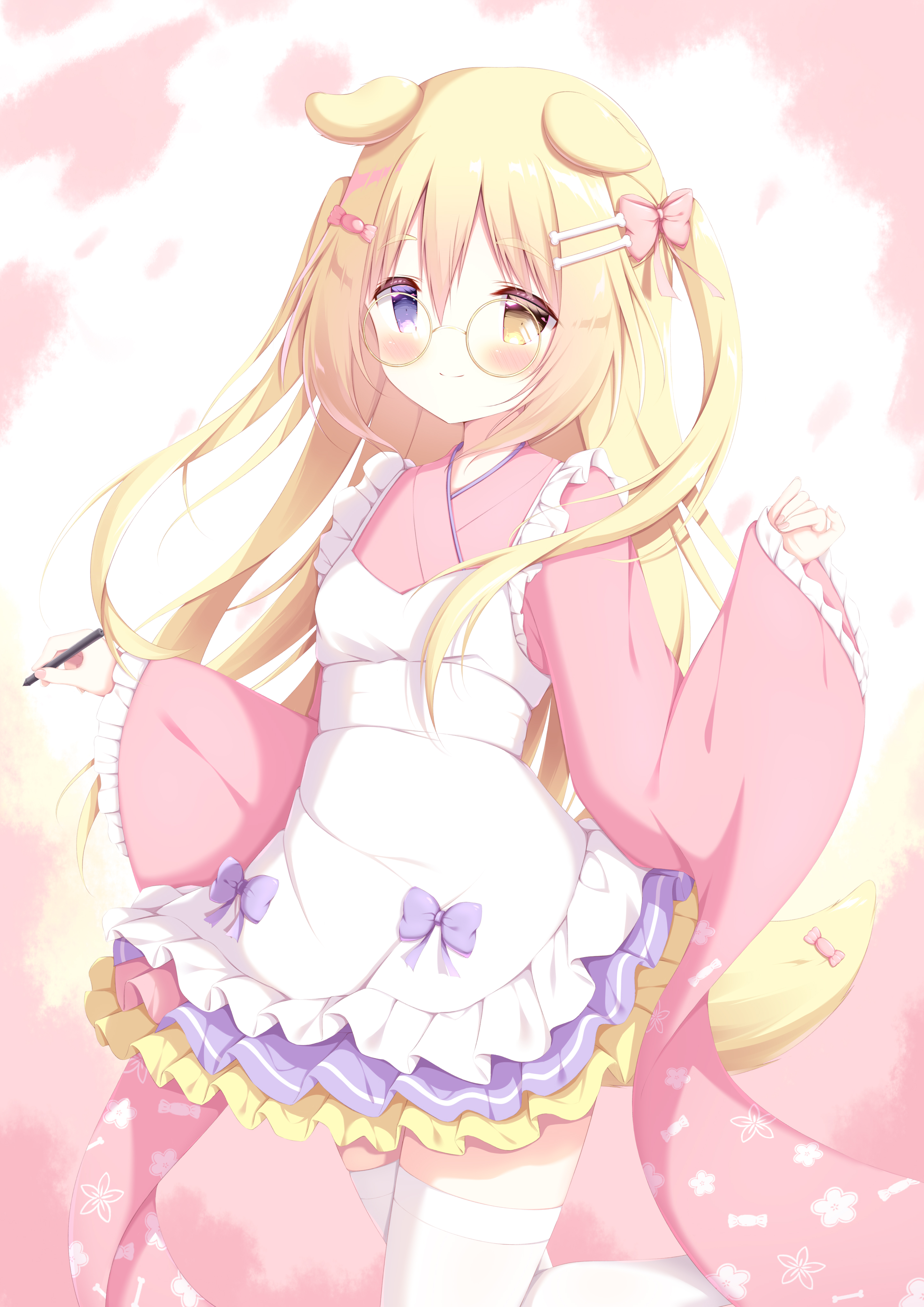 original, absurdres, commentary request, highres, 1girl, animal ears, apron, blonde hair, blue eyes, blush, bow, closed mouth, dog ears, dog girl, dog tail, frilled apron, frilled skirt, frills, glasses, hair between eyes, hair bow, hair ornament, hairclip, heterochromia, holding, japanese clothes, kimono, long hair, long sleeves, looking at viewer, maid, pink bow, pink kimono, pleated skirt, purple skirt, round eyewear, shiraame, skirt, sleeves past wrists, smile, solo, stylus, tail, thighhighs, two side up, very long hair, wa maid, white apron, white thighhighs, wide sleeves, yellow eyes