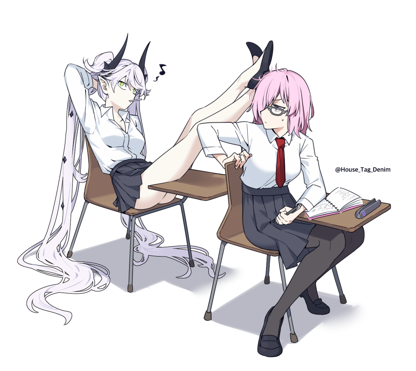house tag denim, lilith (fate), mash kyrielight, fate/grand order, fate (series), commentary request, highres, korean commentary, 2girls, black pantyhose, black skirt, breasts, candy, chair, collared shirt, crossed bangs, demon girl, demon horns, demon wings, desk, food, glasses, green eyes, grey hair, hair between eyes, hair over one eye, horns, large breasts, lollipop, long hair, long sleeves, looking back, medium breasts, multiple girls, musical note, necktie, notebook, pantyhose, pink hair, pointy ears, purple eyes, school desk, shirt, short hair, sitting, skirt, twintails, very long hair, white shirt, wings