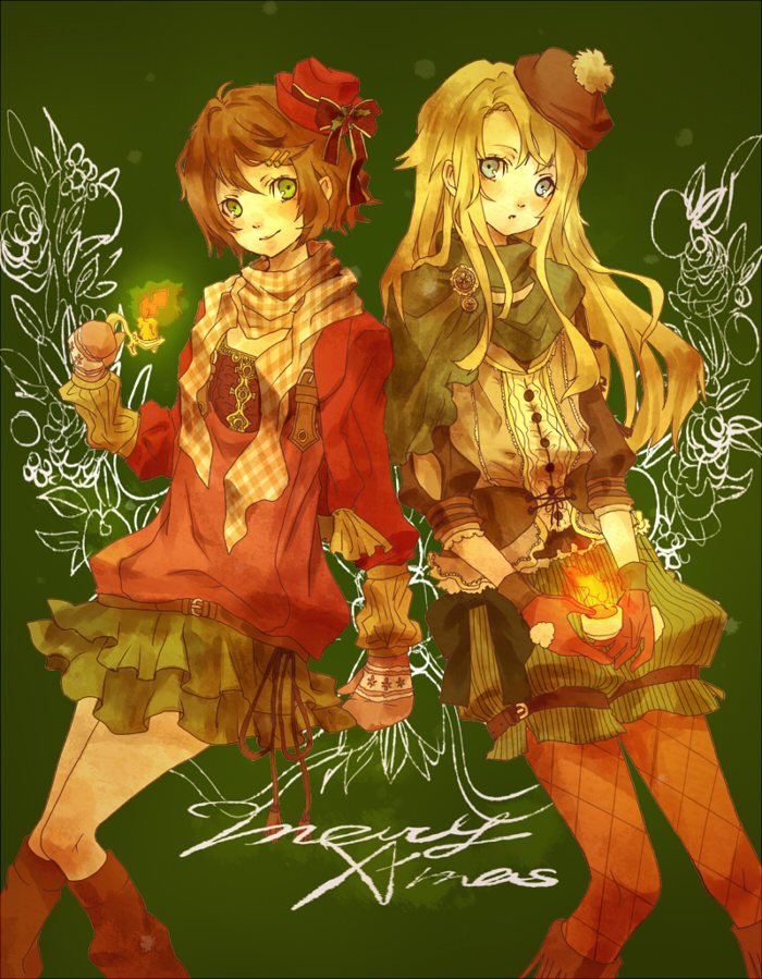 senano-yu, original, bad id, bad pixiv id, 2girls, belt, beret, blonde hair, blue eyes, boots, bow, brown hair, candle, christmas, fashion, fishnet pantyhose, fishnets, frills, gathers, gloves, green eyes, hair ornament, hairclip, hat, holding, leggings, long hair, long sleeves, mittens, multiple girls, pantyhose, ribbon, scarf, short hair, skirt, smile, winter, winter clothes