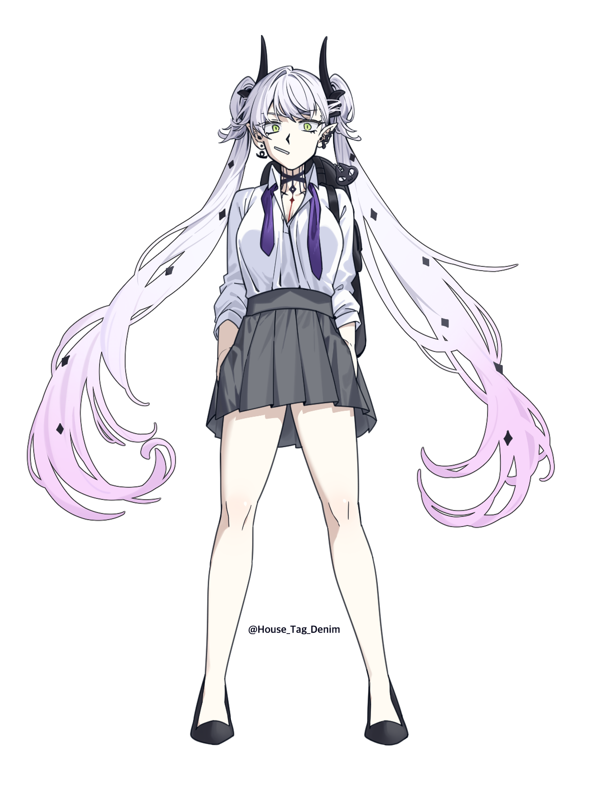 house tag denim, lilith (fate), fate/grand order, fate (series), commentary request, highres, korean commentary, 1girl, breasts, collared shirt, crossed bangs, demon girl, demon horns, ear piercing, full body, green eyes, grey hair, grey skirt, hair between eyes, horns, long hair, long sleeves, looking at viewer, medium breasts, piercing, pointy ears, shirt, simple background, skirt, solo, twintails, very long hair, white background, white shirt