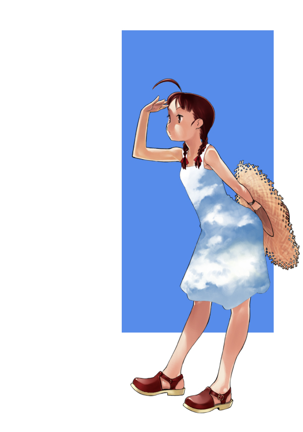 oohara kyuutarou, the pillows, bad id, bad pixiv id, ahoge, cloud, dress, hat, short twintails, sky, solo, straw hat, twintails