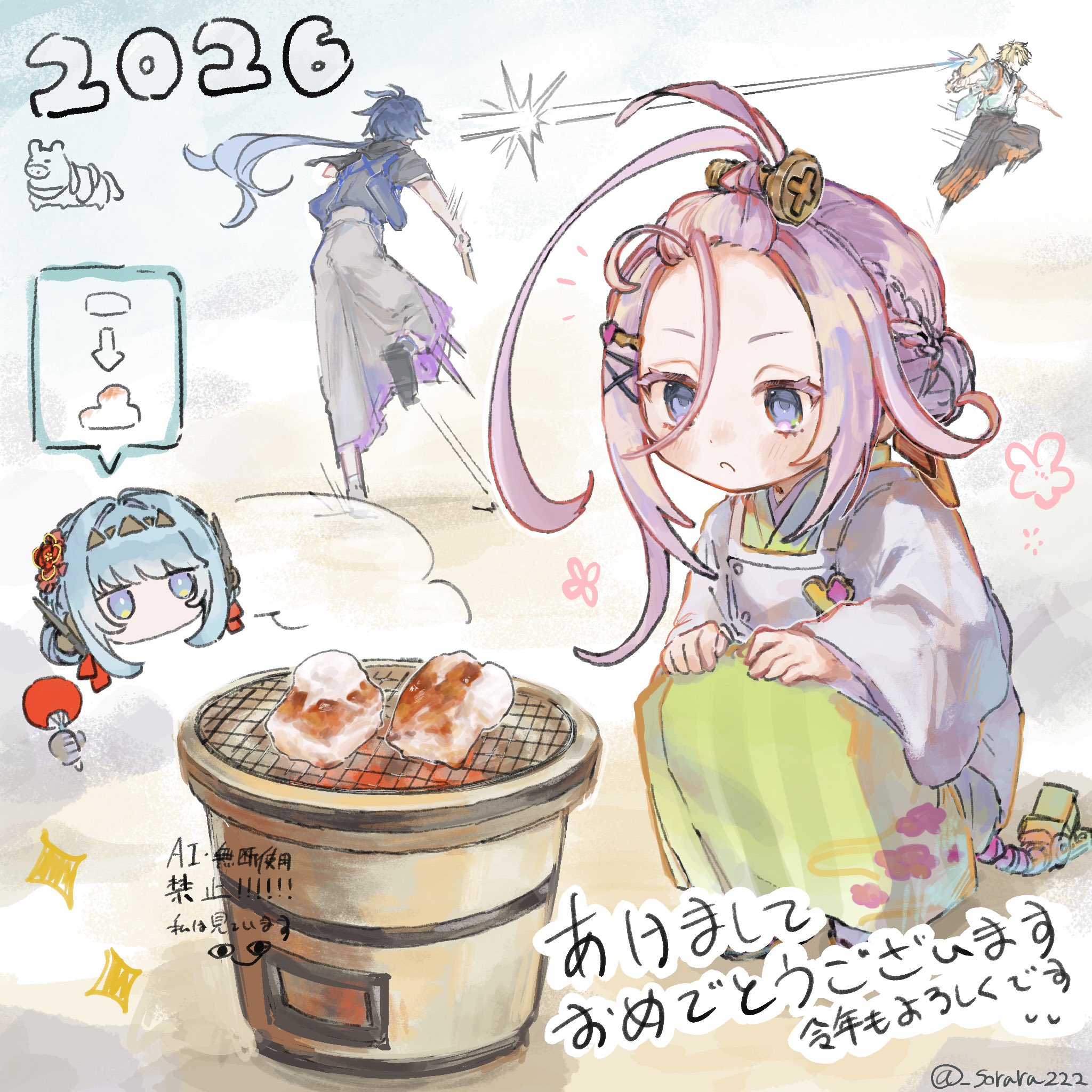 aino (genshin impact), flins (genshin impact), ineffa (genshin impact), varka (genshin impact), genshin impact, commentary request, highres, 2026, 2boys, 2girls, ahoge, blonde hair, blue eyes, blue hair, chibi, closed mouth, grill, long hair, looking at object, multiple boys, multiple girls, robot, screw hair ornament, sorara222, squatting