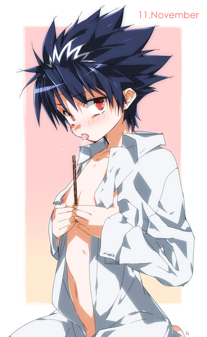toujou sakana, hiei, yuu yuu hakusho, bad id, bad pixiv id, 1boy, black hair, blush, food, groping, kneeling, male focus, navel, nipples, open clothes, open shirt, pocky, red eyes, saliva, sexually suggestive, shirt, short hair, shota, solo, spiked hair, tongue