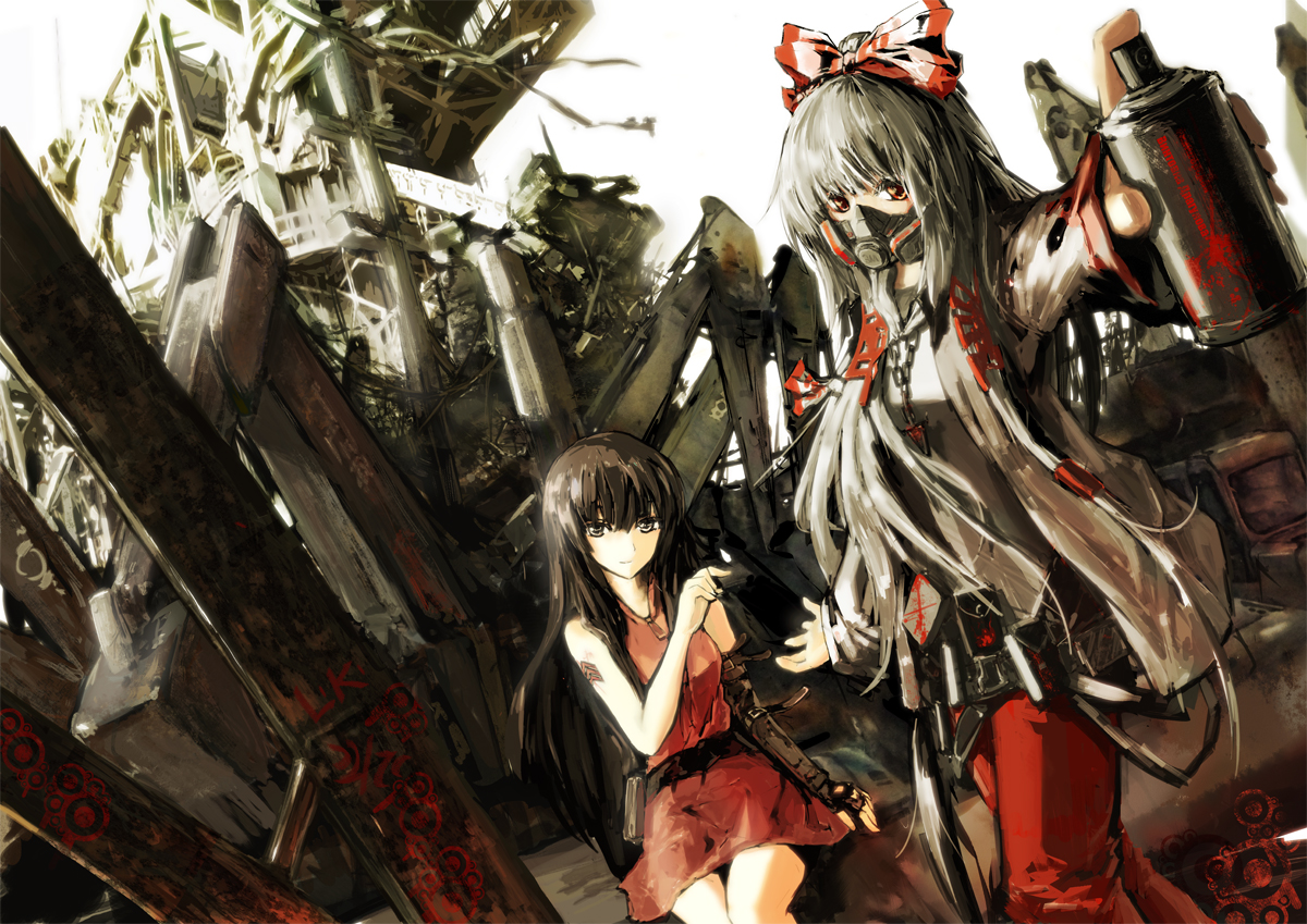 lowlight kirilenko, fujiwara no mokou, houraisan kaguya, touhou, silver hair, bad id, bad pixiv id, 2girls, alternate costume, bare shoulders, black eyes, black hair, bow, contemporary, female focus, gas mask, hair bow, jewelry, long hair, looking at viewer, mask, multiple girls, necklace, red eyes, respirator, ruins, russian text, seductive smile, sitting, smile, spray paint