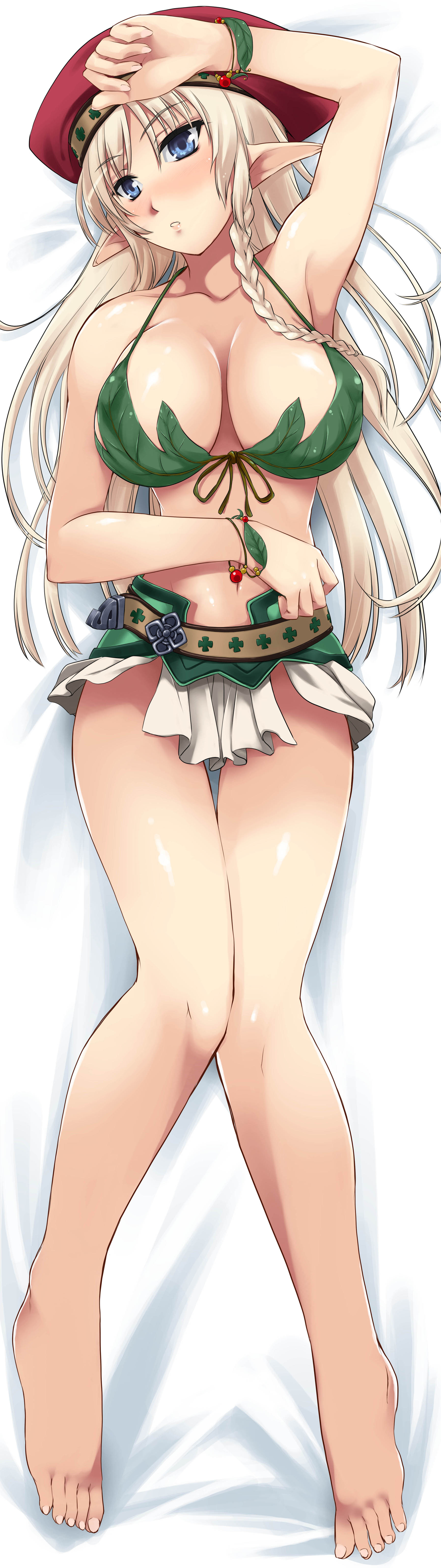 ouma tokiichi, alleyne (queen's blade), fighting master alleyne, queen's blade, absurdres, bad id, bad pixiv id, highres, long image, tall image, 00s, 1girl, armpits, barefoot, beret, bikini, blonde hair, blue eyes, braid, breasts, cleavage, dakimakura (medium), elf, feet, female focus, full body, hat, large breasts, leaf bikini, legs, pointy ears, solo, spread toes, thigh gap, toes