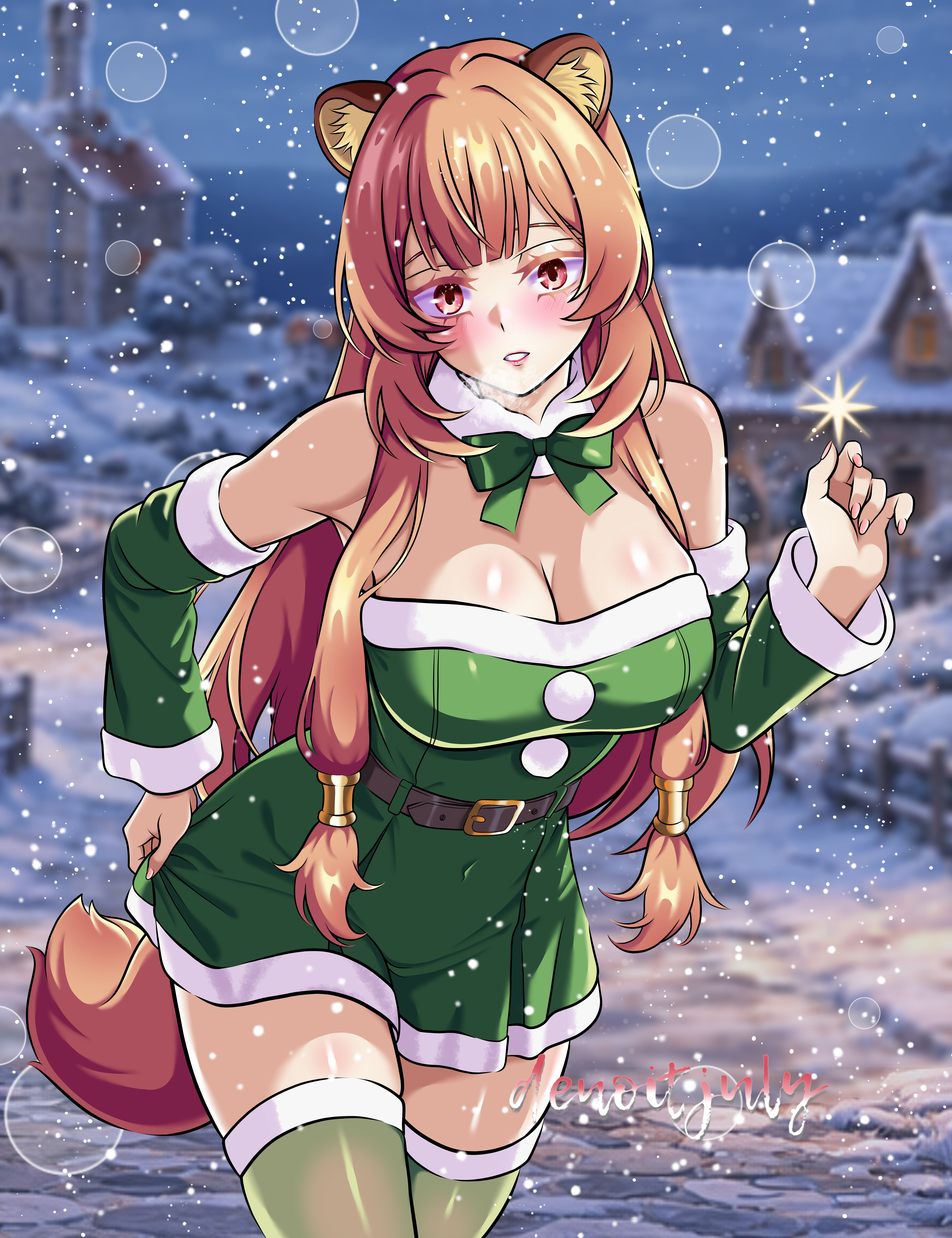 raphtalia, tate no yuusha no nariagari, absurdres, commentary, commentary request, english commentary, highres, mixed-language commentary, variant set, alternate costume, animal ear fluff, animal ears, artist name, belt, blunt bangs, blush, bow, bowtie, breasts, brown hair, christmas, cleavage, collar, covered navel, cowboy shot, denoitjuly, detached sleeves, dress, eyelashes, green bow, green bowtie, green dress, green sleeves, hand up, large breasts, leaning forward, light particles, long hair, long sleeves, metal hair tubes, night, outdoors, parted lips, pom pom (clothes), raccoon ears, raccoon girl, raccoon tail, red eyes, shiny skin, short dress, skirt hold, sleeveless, sleeveless dress, snowing, spanish commentary, sparkle, standing, straight hair, strapless, strapless dress, tail, thighhighs, watermark, white collar, white thighhighs, zettai ryouiki