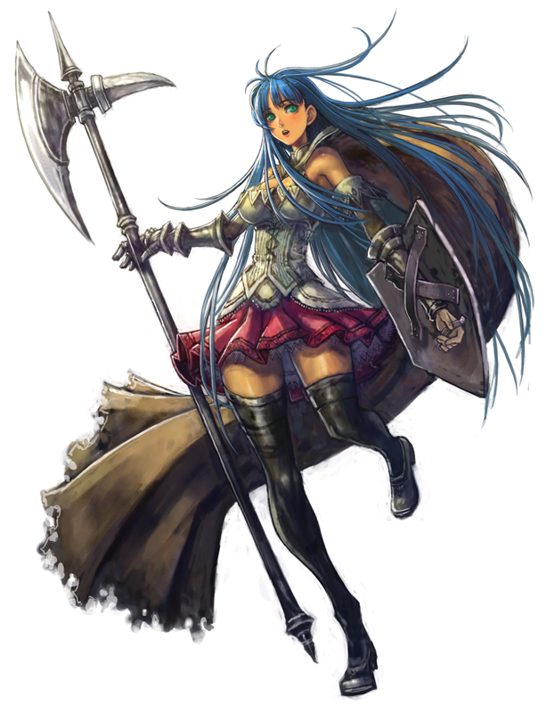 docoi, original, artist request, bad id, bad pixiv id, 1girl, armor, blue eyes, blue hair, boots, cape, detached sleeves, fantasy, female focus, gauntlets, green eyes, halberd, long hair, matching hair/eyes, polearm, shield, simple background, skirt, solo, thigh boots, thighhighs, weapon