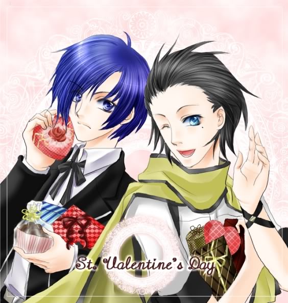mochizuki ryouji, yuuki makoto (persona 3), atlus, persona, persona 3, 2boys, black hair, blue eyes, blue hair, multiple boys, scarf, valentine