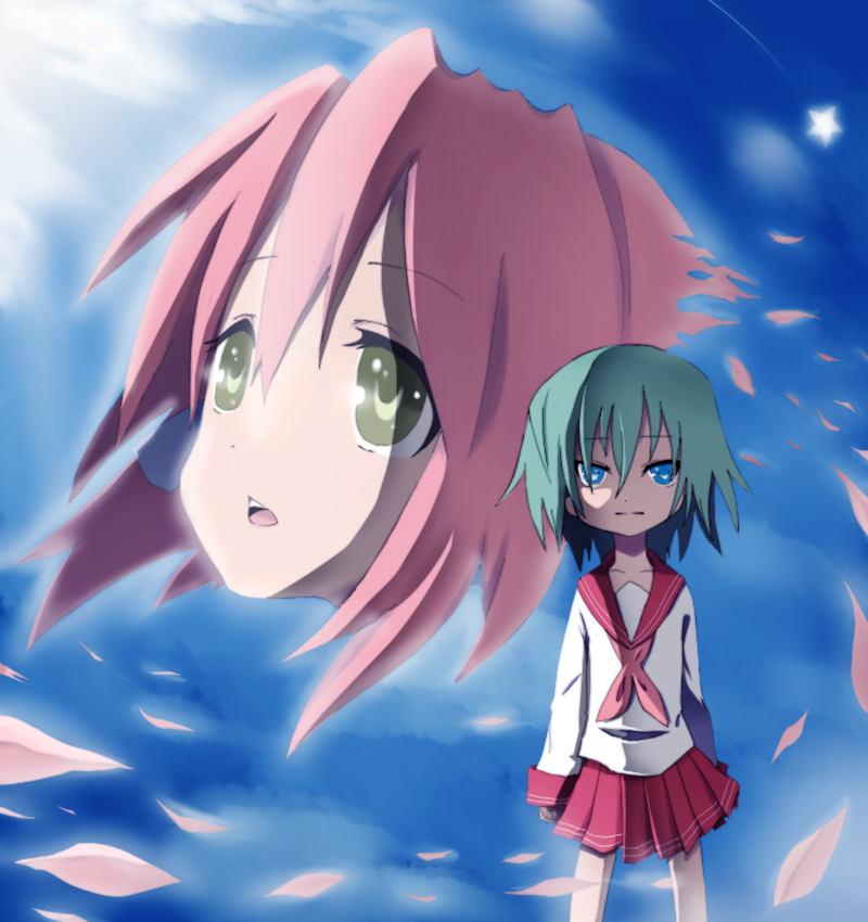 mono (s-e-s), iwasaki minami, kobayakawa yutaka, lucky star, bad id, bad pixiv id, 00s, 2girls, blue eyes, cherry blossoms, green eyes, green hair, multiple girls, petals, red hair, school uniform, serafuku, short hair