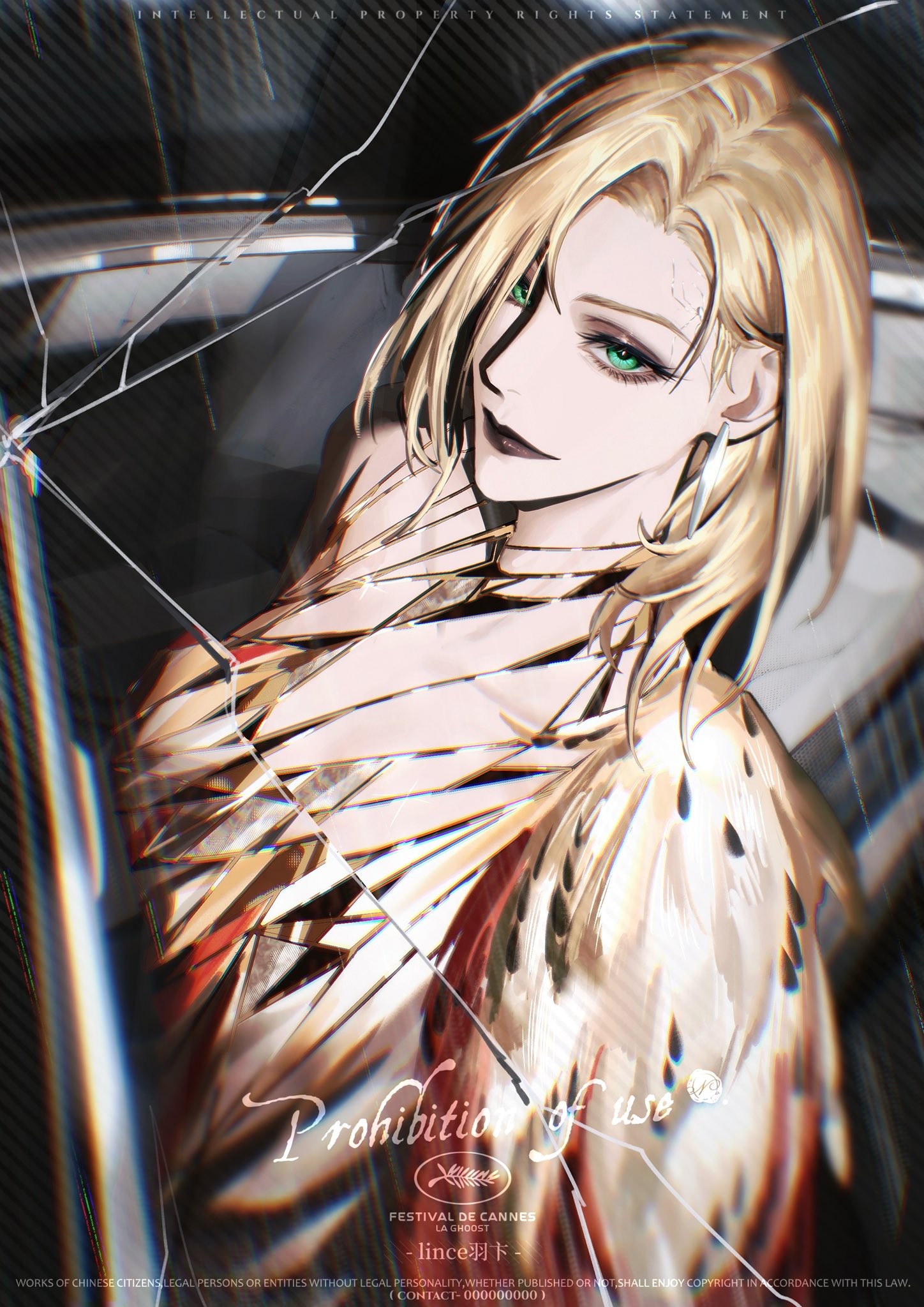 linceyang, langley (path to nowhere), path to nowhere, commentary request, highres, 1girl, black lips, blonde hair, crack, dress, green eyes, hair over one eye, portrait, solo