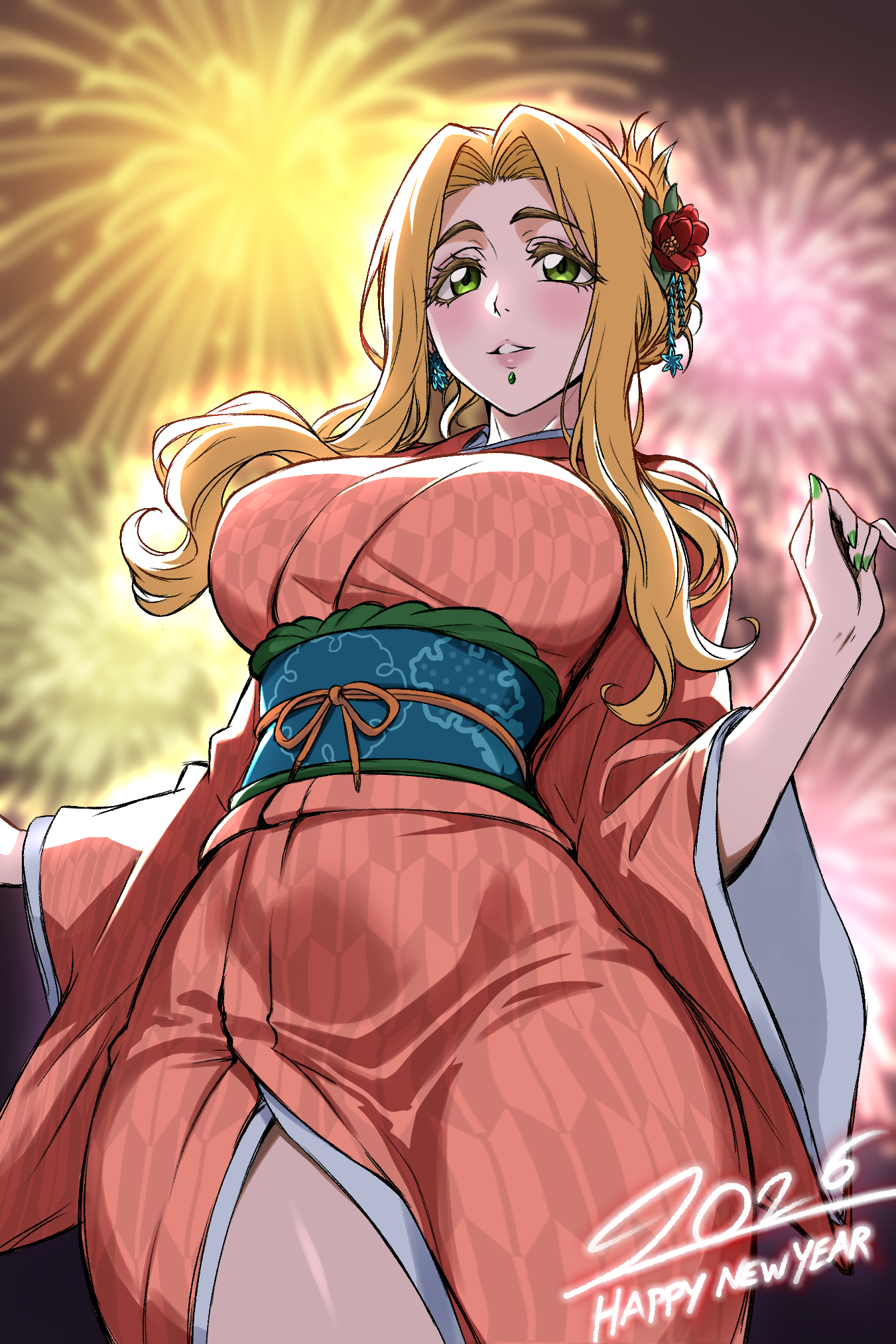 zantyarz, quetzalcoatl (fate), quetzalcoatl (over the same sky) (fate), fate/grand order, fate (series), commentary, english commentary, highres, 1girl, blonde hair, blush, breasts, chin piercing, earrings, face piercing, fireworks, flower, flower earrings, green eyes, hair flower, hair ornament, half updo, japanese clothes, jewelry, kimono, large breasts, long hair, long sleeves, looking at viewer, obi, orange kimono, parted bangs, parted lips, piercing, sash, solo, wide sleeves