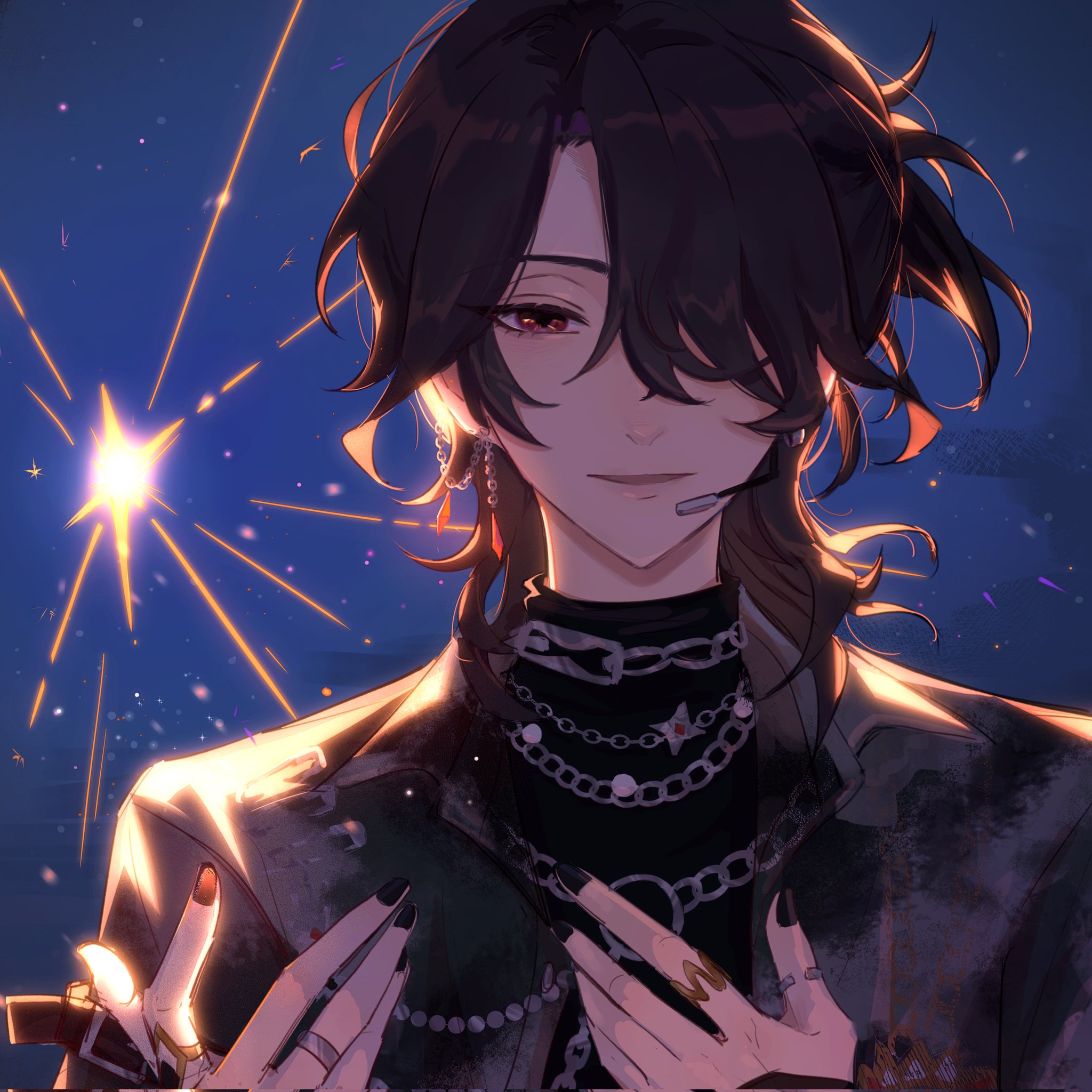 sakuma rei (ensemble stars!), ensemble stars!, chinese commentary, commentary request, highres, 1boy, black hair, black nails, chain, chain necklace, ear chain, ershisi (q24www), fingernails, hair over one eye, hands up, headset, jewelry, linked piercing, looking at viewer, male focus, medium hair, multiple necklaces, nail polish, necklace, one eye covered, parted lips, piercing, ring, solo, upper body