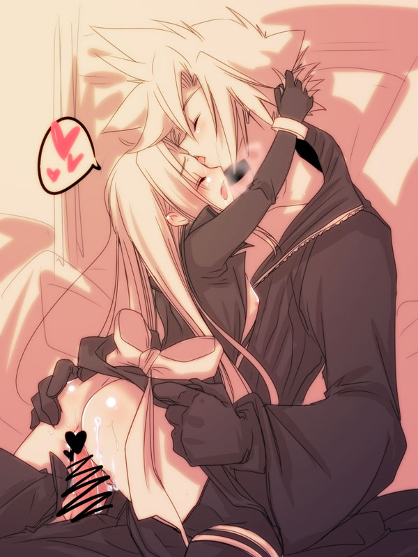 shima chiyo, cloud strife, sephiroth, final fantasy, final fantasy vii, 1990s (style), 2boys, anal, androgynous, ass, bottomless, censored, crossdressing, crossdressing (mtf), gloves, heart, holding, holding own hair, licking, long hair, male focus, male penetrated, monochrome, multiple boys, open mouth, penis, retro artstyle, ribbon, riding, sex, short hair, shota, straddling, trap, upright straddle, very long hair, yaoi