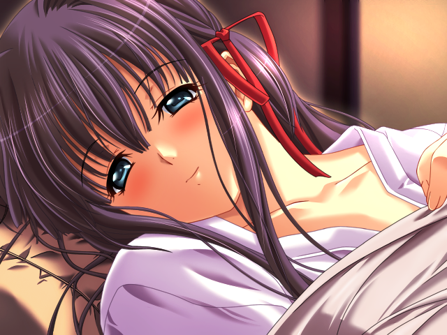 m&m (mickey and mackey), suou serina, serina (game), game cg, 1girl, blue eyes, blush, close-up, long hair, looking at viewer, lying, purple hair, shirt, smile, solo, under covers, upper body, white shirt