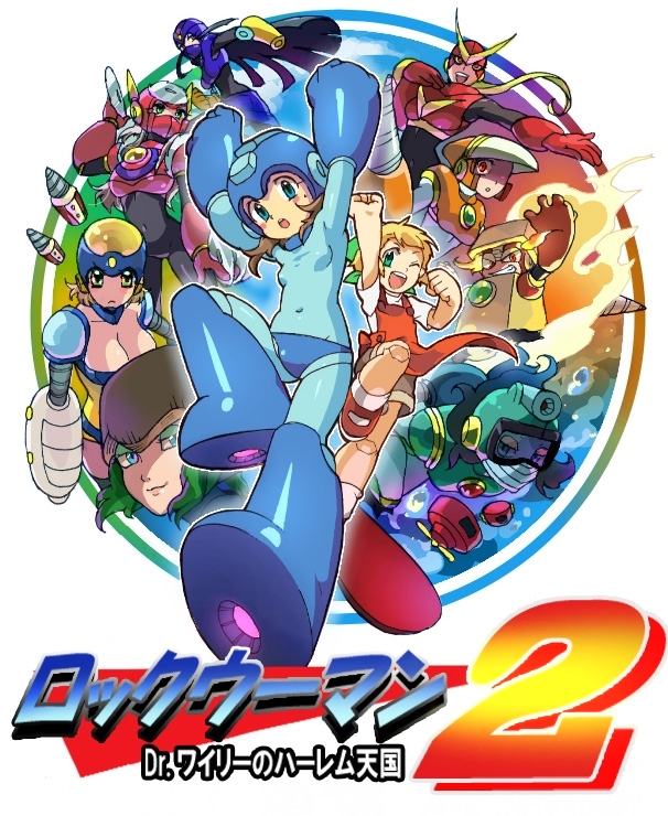 ikezaki misa, air man, bubble man, crash man, flash man, heat man, mega man (character), metal man, quick man, roll (mega man), wood man, mega man (classic), mega man (series), mega man 2, commentary request, 6+girls, arm at side, arm cannon, arm up, armor, arms up, blonde hair, blush, border, breastplate, breasts, brown hair, cleavage, closed mouth, copyright name, covered groin, covered navel, drill, everyone, fire, genderswap, genderswap (mtf), green eyes, jumping, large breasts, looking at viewer, mechanical arms, midair, multiple girls, open mouth, outside border, red eyes, robot girl, round border, small breasts, smile, standing, standing on one leg, weapon, white border