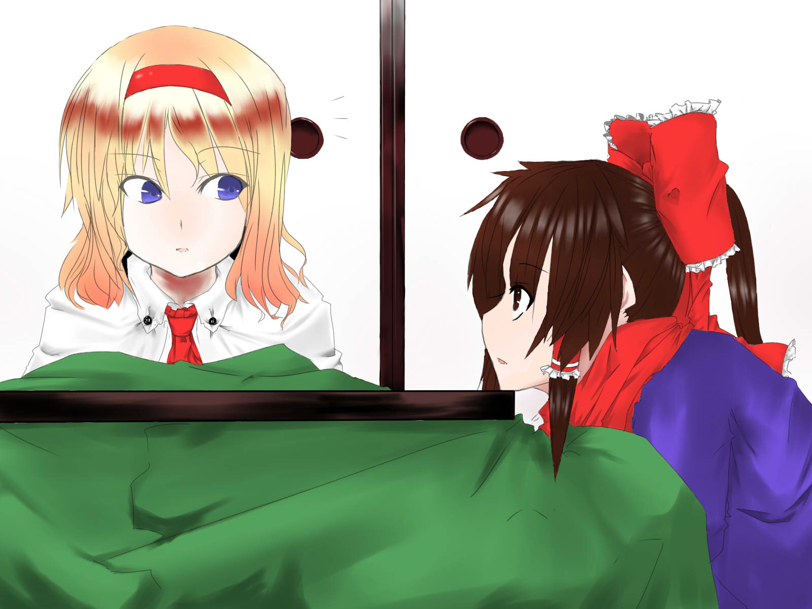 alice margatroid, hakurei reimu, touhou, highres, 2girls, blonde hair, blue eyes, bow, female focus, headband, kotatsu, multiple girls, ponytail, table