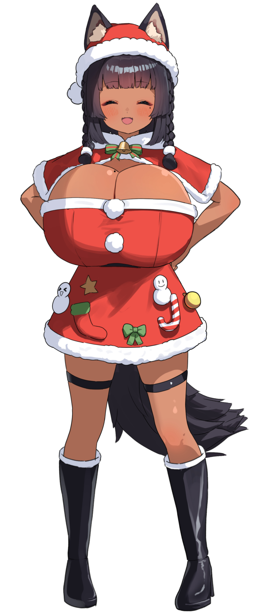 nanaushi, lulu kamiya, original, commentary request, highres, :d, ^ ^, animal ears, bell, black boots, blush, boots, braid, breasts, candy, candy cane, capelet, cleavage, closed eyes, dark-skinned female, dark skin, dress, ears through headwear, fangs, food, full body, fur trim, hands on own hips, hat, huge breasts, mole, mole on breast, mole under eye, neck bell, open mouth, oppai loli, pom pom (clothes), santa costume, santa dress, santa hat, short dress, shortstack, side braids, simple background, skin fangs, smile, snowman ornament, standing, tail, thigh strap, white background, wolf ears, wolf girl, wolf tail