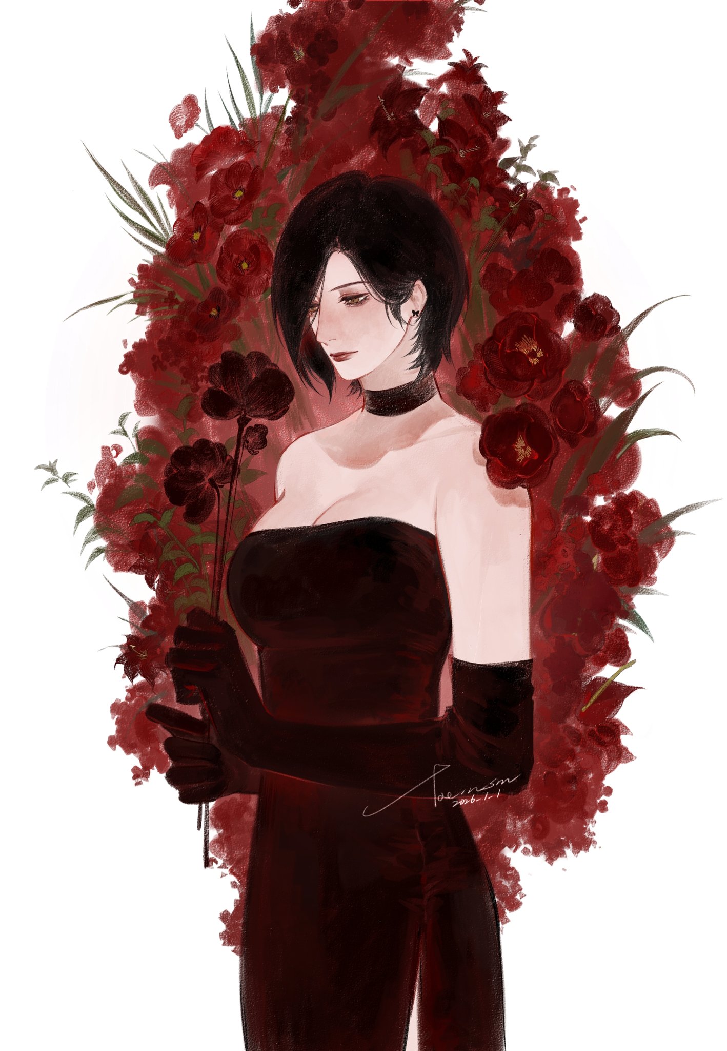 mofa shuimu jiang, ada wong, resident evil, hashtag-only commentary, highres, 1girl, bare shoulders, black choker, black dress, black gloves, black hair, border, breasts, choker, cleavage, cowboy shot, dated, dress, elbow gloves, floral background, flower, gloves, hair behind ear, holding, holding flower, large breasts, parted bangs, red flower, short hair, side slit, sign, solo, white border