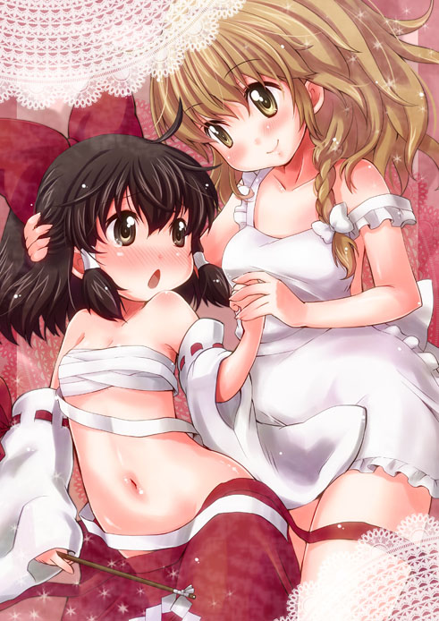 yukiu con, hakurei reimu, kirisame marisa, touhou, bad id, bad pixiv id, 2girls, aged down, apron, bare shoulders, black hair, blonde hair, blush, detached sleeves, female focus, flat chest, holding hands, loli, multiple girls, naked apron, navel, sarashi, strap slip, yuri