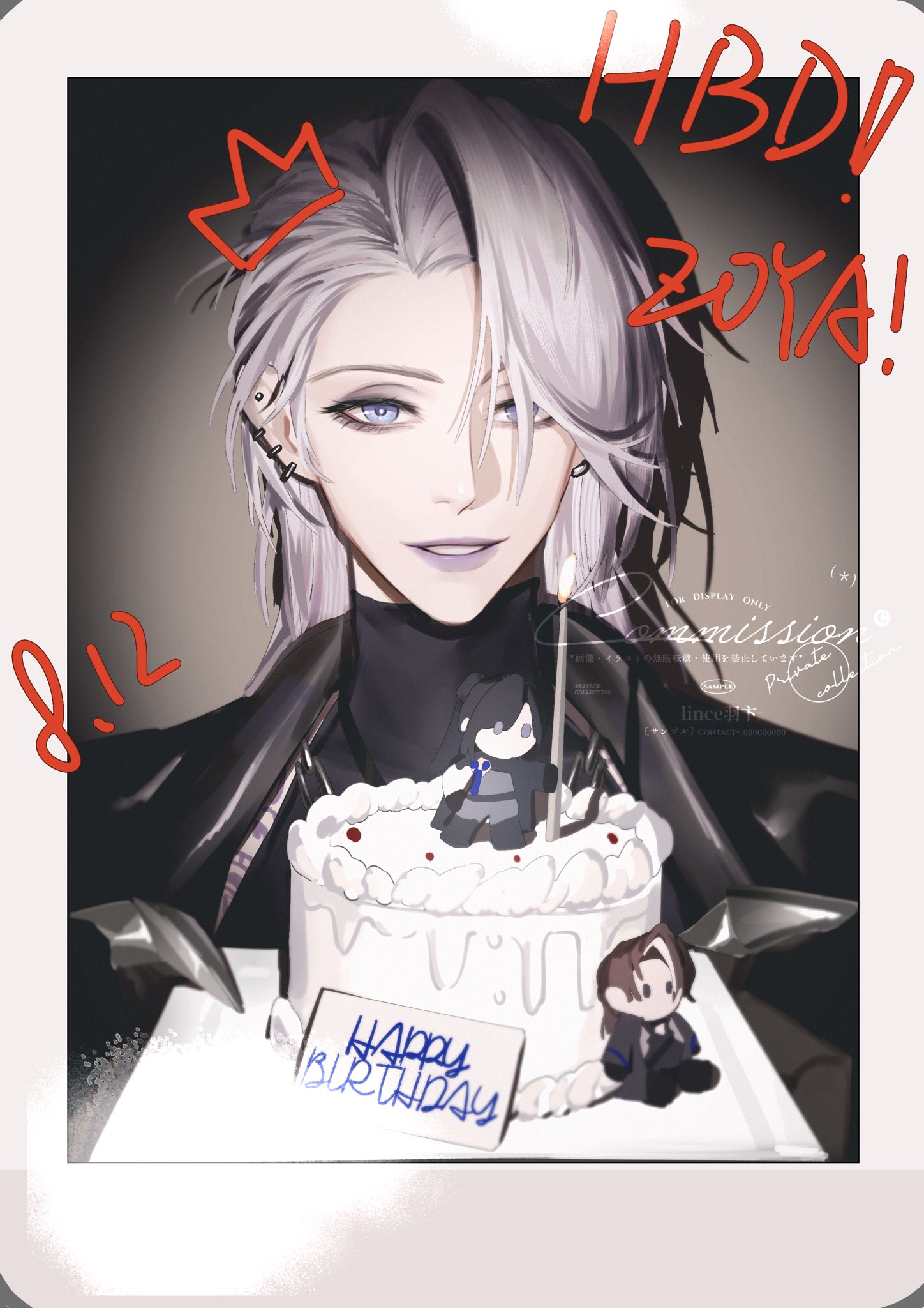 linceyang, path to nowhere, highres, 1girl, cake, food, hair over one eye, happy birthday, holding, holding cake, holding food, looking at viewer, parted lips, portrait, smile, solo, white hair