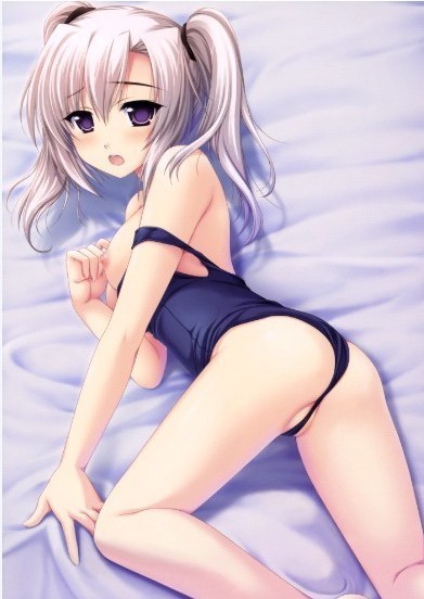 alpha (yukai na nakamatachi), shiratori mizuha, g-senjou no maou, silver hair, 1girl, blue eyes, breasts, female focus, long hair, nipples, one-piece swimsuit, purple eyes, school swimsuit, small breasts, solo, swimsuit, twintails, undressing