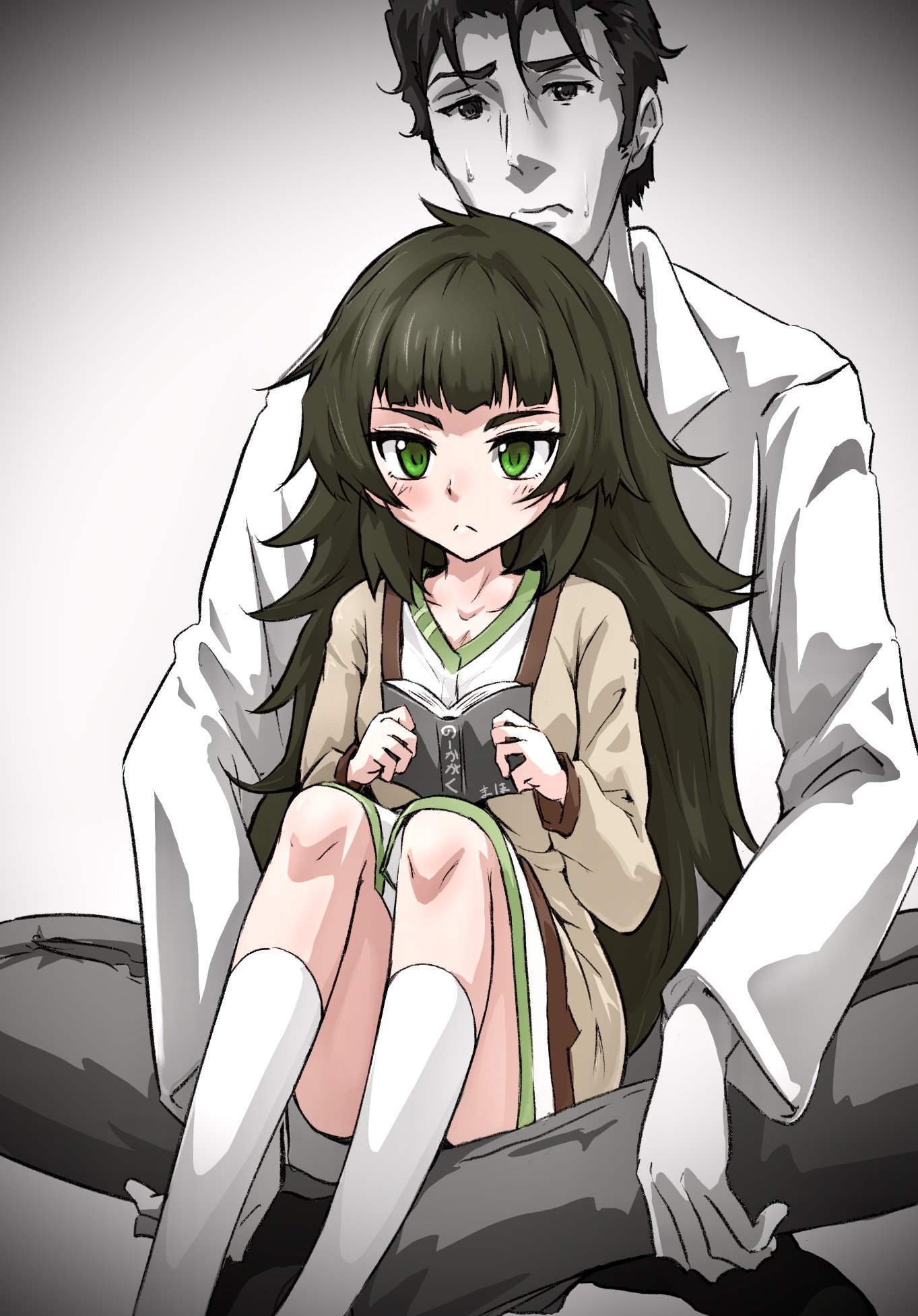 sadarann, hiyajou maho, okabe rintarou, science adventure, steins;gate, steins;gate 0, commentary request, highres, 1boy, 1girl, black hair, blunt bangs, blush, book, green eyes, green hair, greyscale, holding, holding book, jacket, jacket over dress, kneehighs, lab coat, long sleeves, messy hair, monochrome, nervous sweating, open clothes, open jacket, reading, sitting, sitting on person, socks, sweat, white socks