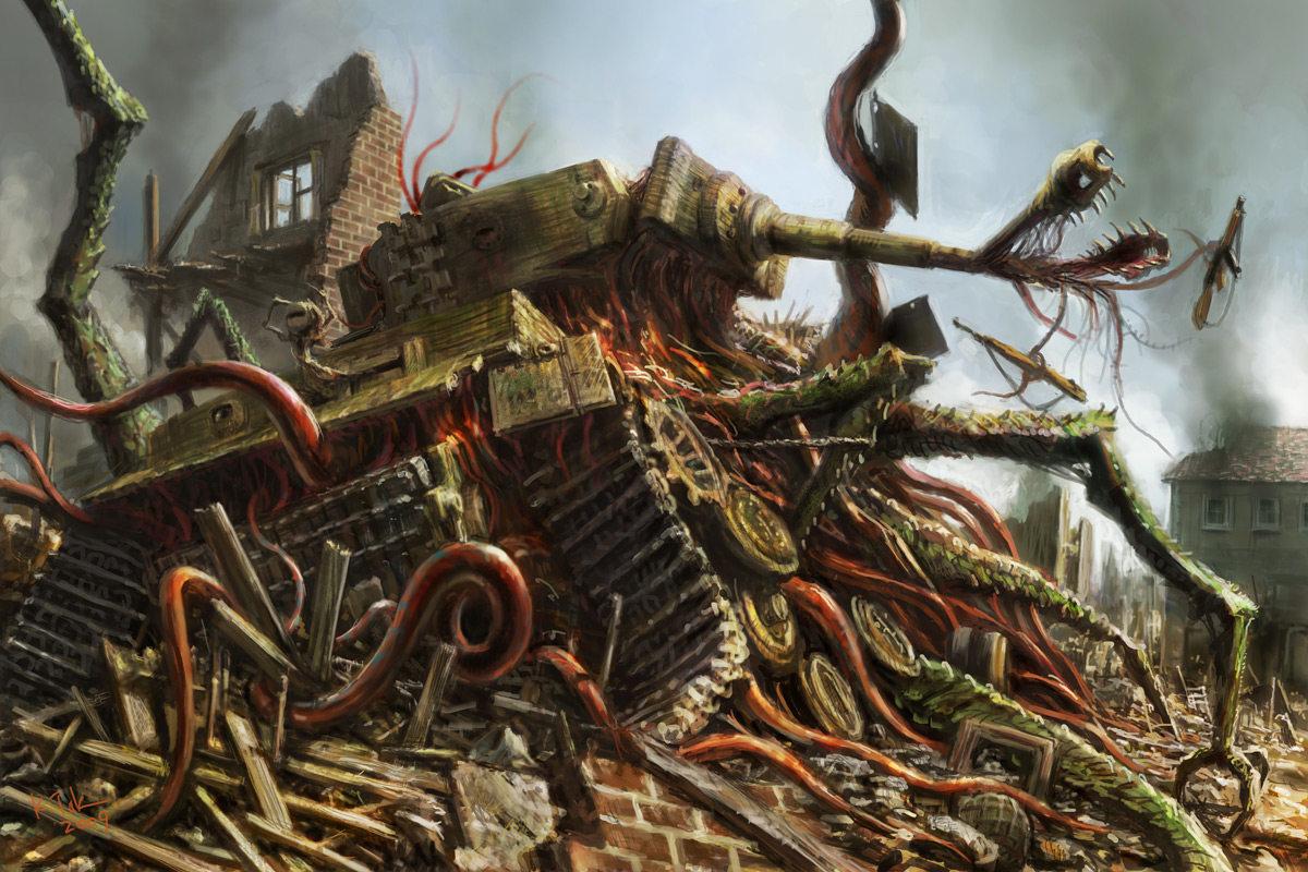 k-takano, original, caterpillar tracks, cosplay, gun, helmet, military, military vehicle, monster, motor vehicle, no humans, rifle, rubble, tank, teeth, tentacles, tiger i, vehicle focus, weapon, wehrmacht