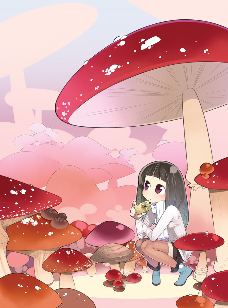 haruse hiroki, original, bad id, bad pixiv id, 1girl, autumn, black hair, blunt bangs, brown hair, camera, female focus, long hair, mushroom, oversized object, red eyes, solo, squatting, thighhighs