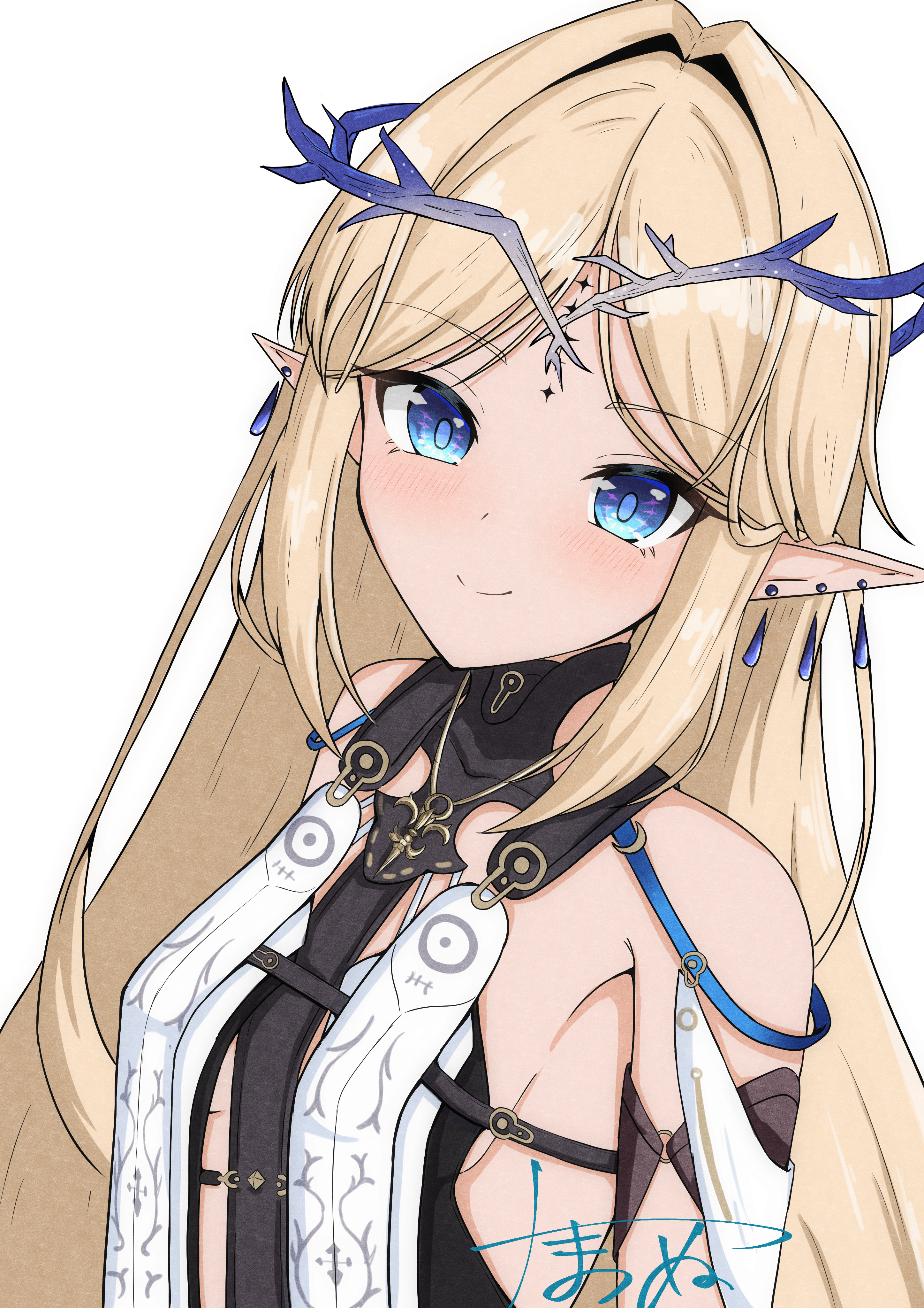 tama es45 nyan, cartethyia (wuthering waves), wuthering waves, absurdres, commentary request, highres, partial commentary, 1girl, bare shoulders, blonde hair, blue eyes, breasts, closed mouth, crown of thorns, earrings, hair intakes, jewelry, long hair, looking at viewer, multiple earrings, parted bangs, pointy ears, sidelocks, signature, simple background, small breasts, smile, solo, tacet mark (wuthering waves), upper body, white background