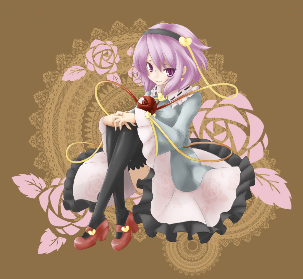 mimi (mimi puru), komeiji satori, touhou, 1girl, black thighhighs, earrings, female focus, flower, headband, heart, jewelry, purple eyes, purple hair, rose, shoes, short hair, sitting, solo, thighhighs