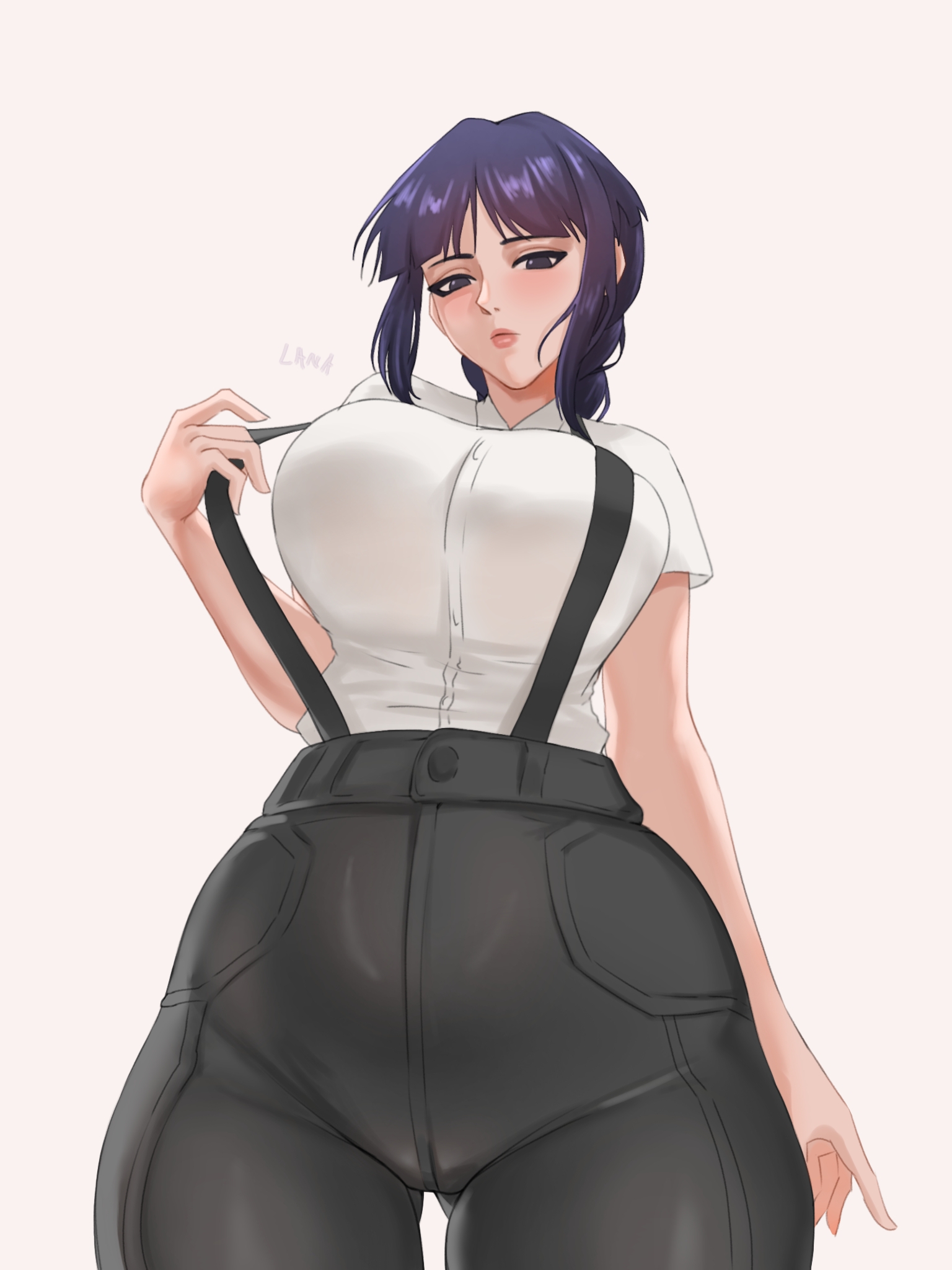 monaru03, kurotsuchi nemu, bleach, 1girl, breasts, closed mouth, female focus, large breasts, light blush, lips, long hair, pants, purple hair, simple background, suspenders