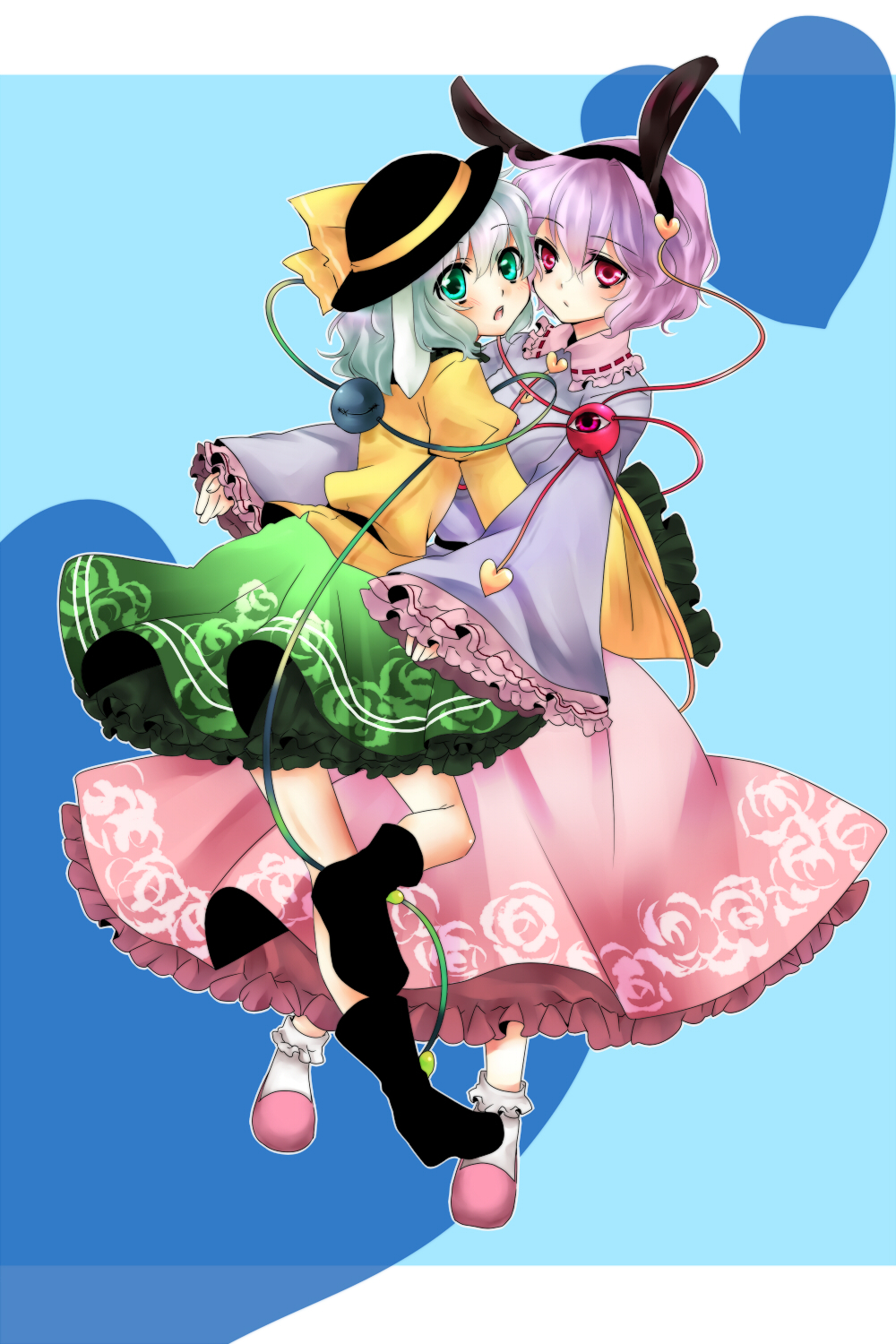yutazou, komeiji koishi, komeiji satori, touhou, light purple hair, silver hair, bad id, bad pixiv id, highres, 2girls, :o, animal ears, aqua eyes, aqua hair, blue background, bobby socks, boots, expressionless, eyeball, fake animal ears, female focus, frills, gathers, gradient hair, hairband, hat, heart, hug, looking back, multicolored hair, multiple girls, pink eyes, rabbit ears, short hair, siblings, simple background, sisters, slippers, socks, wide sleeves