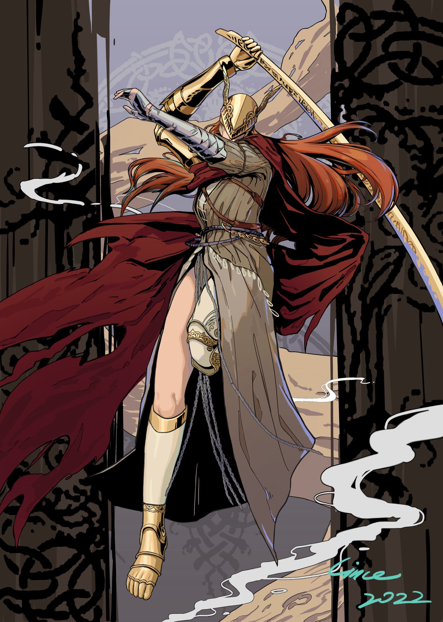 linceyang, malenia blade of miquella, elden ring, commentary, english commentary, highres, 1girl, arms up, full body, helmet, holding, holding sword, holding weapon, prosthesis, prosthetic arm, prosthetic leg, solo, sword, weapon