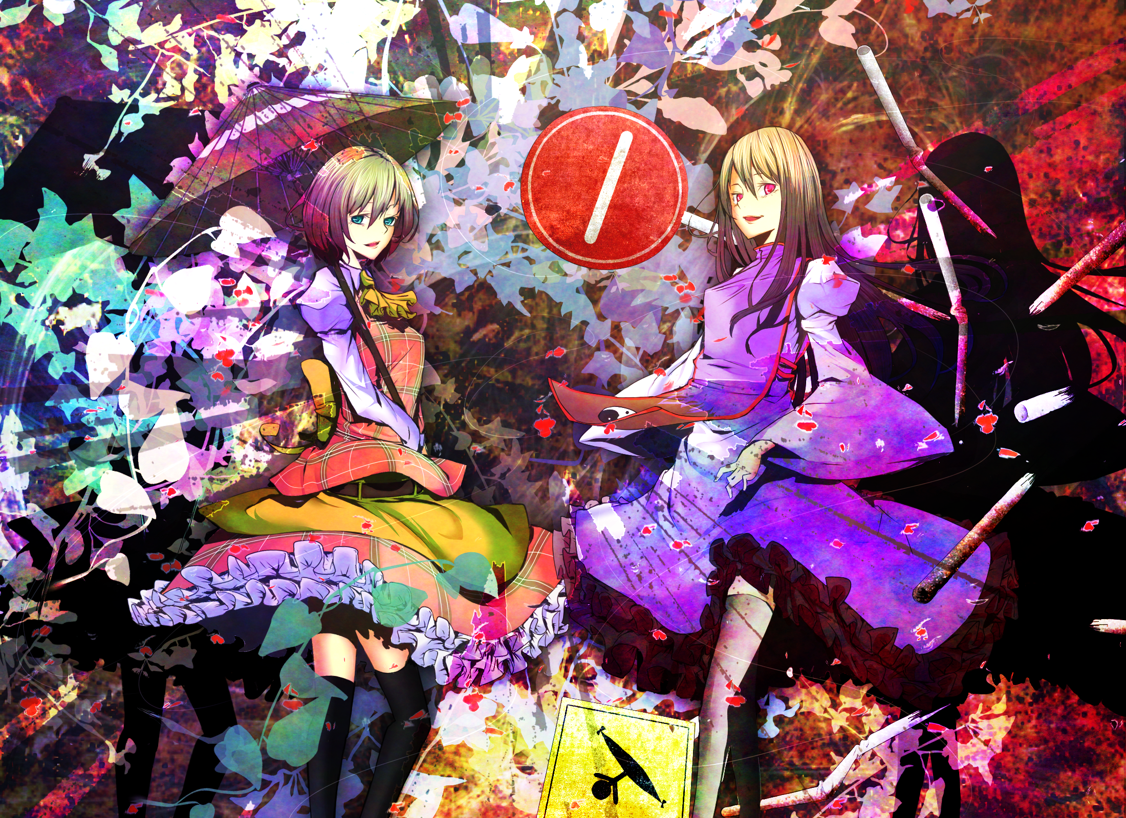 shinoi, so-on, kazami yuuka, yakumo yukari, touhou, bad id, bad pixiv id, colorized, highres, 2girls, ascot, blonde hair, blue eyes, colorful, dress, female focus, gap (touhou), green hair, long hair, multiple girls, oil-paper umbrella, plaid clothes, plaid skirt, plaid vest, red eyes, shadow, short hair, sign, skirt, skirt set, thighhighs, umbrella, vest, zettai ryouiki