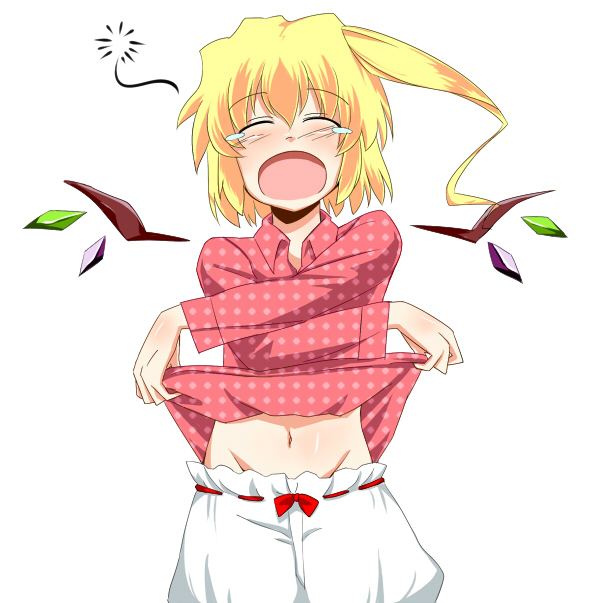 kuze, flandre scarlet, embodiment of scarlet devil, touhou, 1girl, blonde hair, bloomers, blush, clothes lift, female focus, groin, navel, shirt lift, side ponytail, sleepy, solo, tears, underwear, yawning