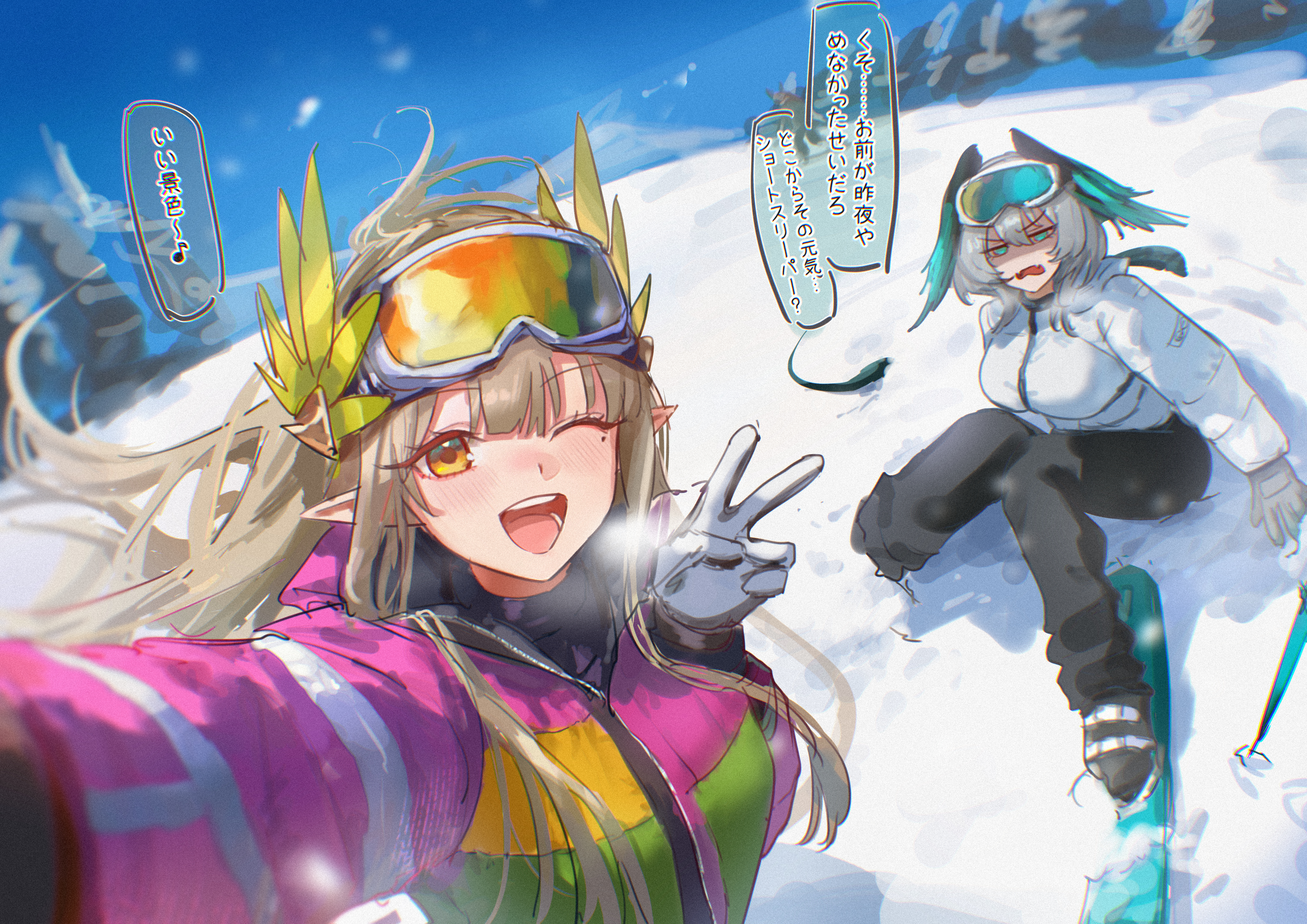 uof, ho'olheyak (arknights), muelsyse (arknights), arknights, absurdres, commentary, highres, translation request, 2girls, ;d, black pants, blue sky, breasts, brown hair, cloud, coat, day, goggles, goggles on head, large breasts, long hair, looking at viewer, mole, mole under eye, multiple girls, one eye closed, open mouth, outdoors, pants, pink coat, selfie, skis, sky, smile, snow, speech bubble, white coat, winter, yellow eyes