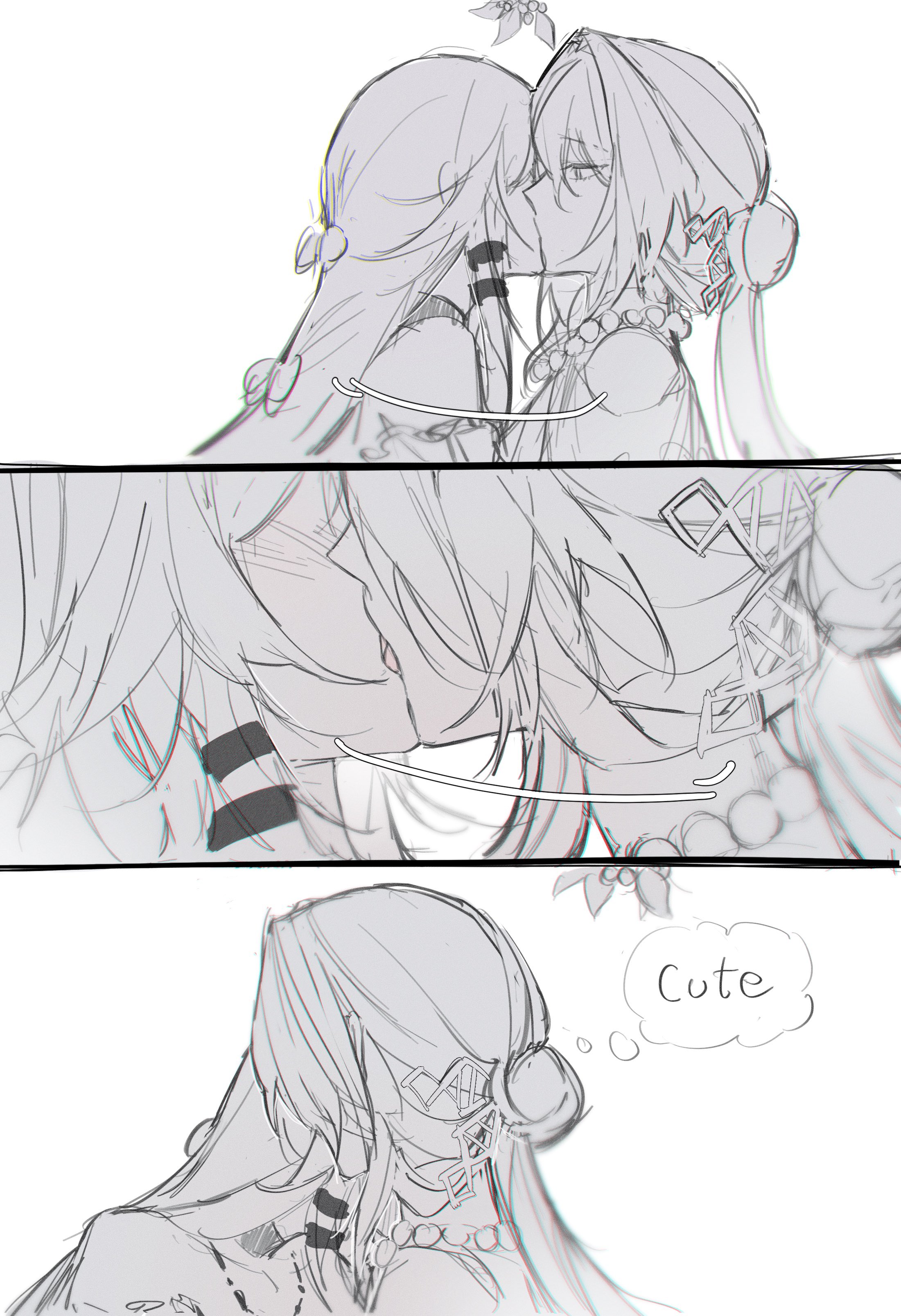 1nuyaki, herta (honkai: star rail), ruan mei (honkai: star rail), the herta (honkai: star rail), honkai: star rail, honkai (series), absurdres, commentary, english commentary, highres, 2girls, english text, french kiss, greyscale, kiss, long hair, mistletoe, monochrome, multiple girls, speech bubble, thought bubble, yuri