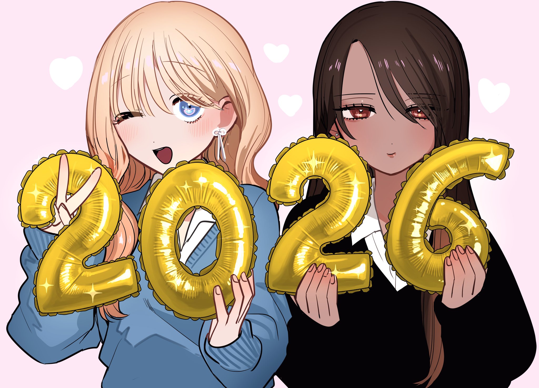 inoue koharu, commentary request, highres, 2026, 2girls, balloon, black sweater, blue eyes, blue sweater, brown hair, closed mouth, dark-skinned female, dark skin, earrings, gyaru to gyaru no yuri, heart, holding, holding balloon, jewelry, long hair, looking at viewer, multiple girls, number balloon, one eye closed, open mouth, pink background, red eyes, shirt, smile, sweater, taooka yua, v, watase reina, white shirt