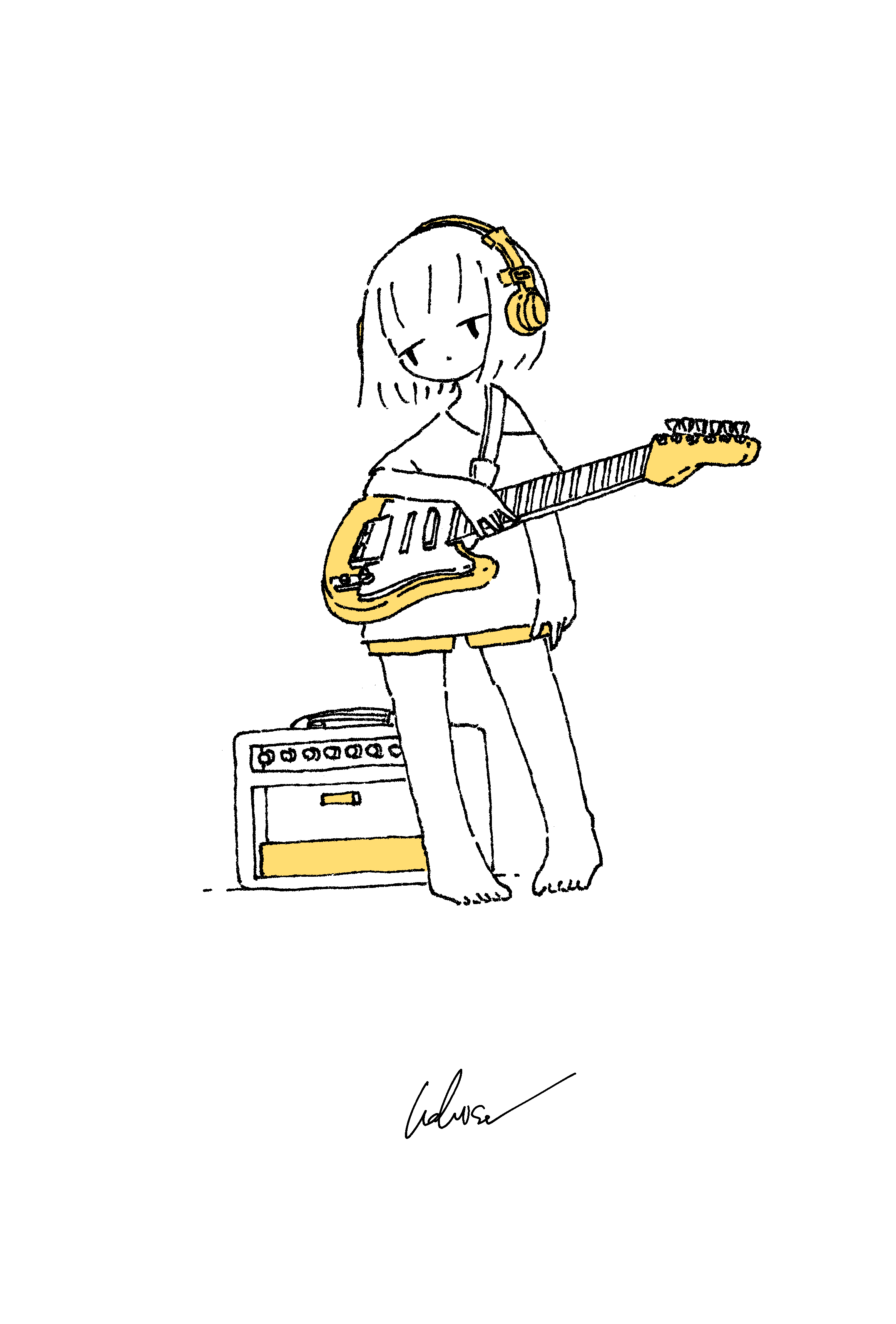 kaduise, original, absurdres, commentary, highres, 1girl, amplifier, barefoot, electric guitar, full body, guitar, headphones, instrument, shirt, short hair, short shorts, shorts, signature, simple background, solo, spot color, standing, t-shirt, yellow shorts