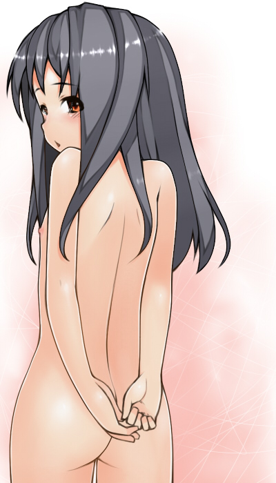 kochiya, kochiya (gothope), original, bad id, bad pixiv id, 1girl, ass, black hair, female focus, loli, long hair, looking back, nipples, orange eyes, solo