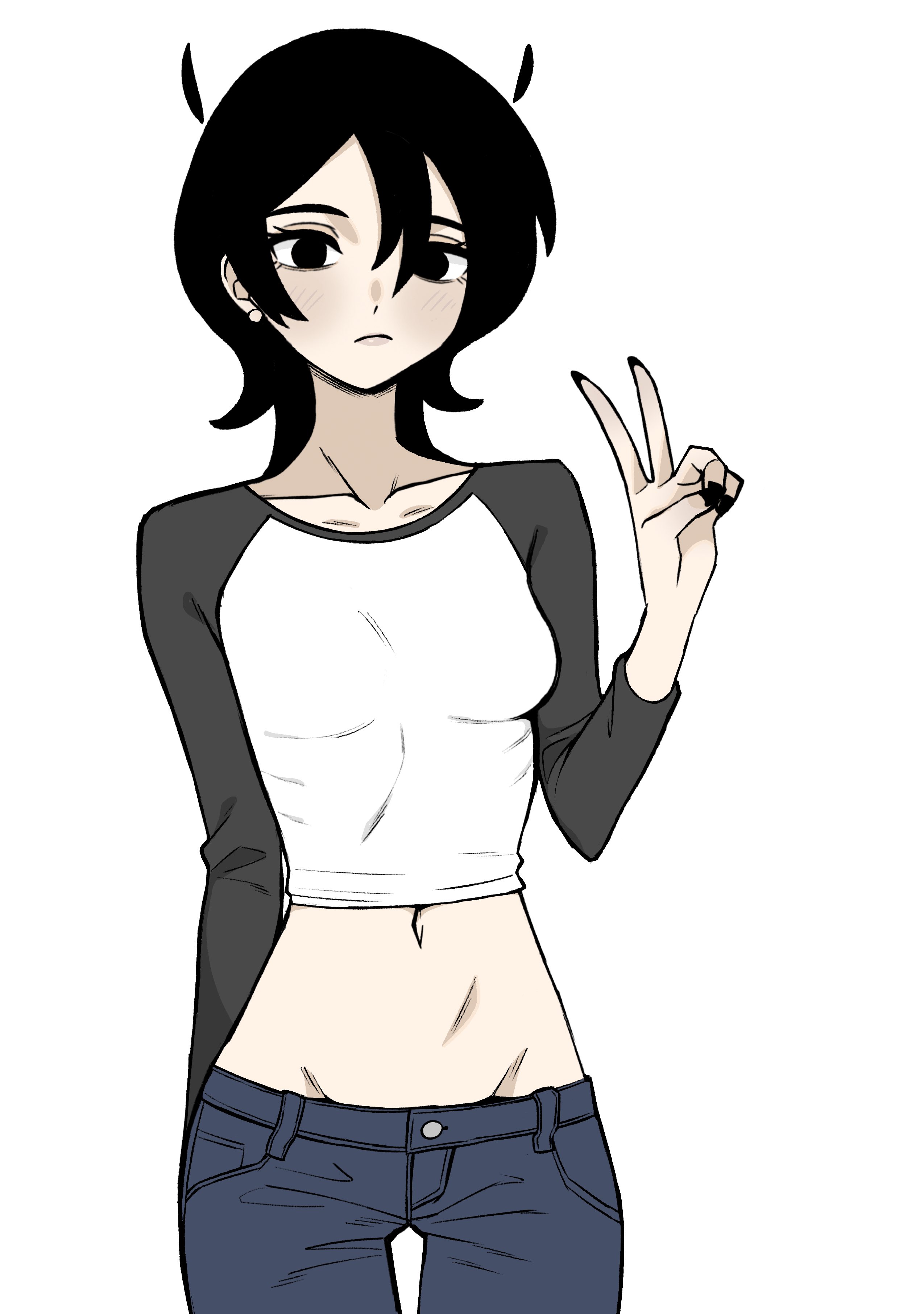 n k m, original, absurdres, highres, tagme, 1girl, groin, lowleg, lowleg pants, midriff, navel, pants, v