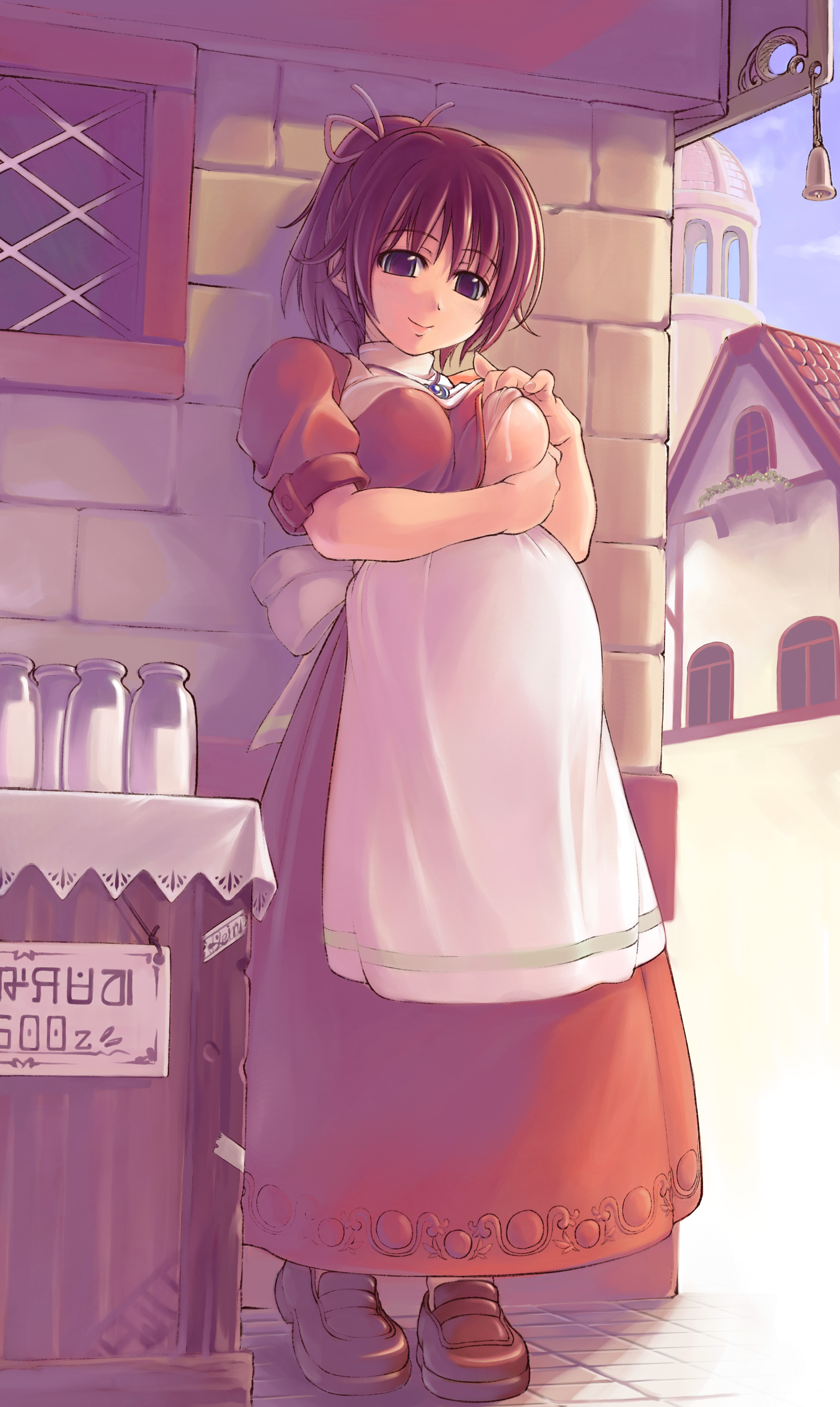 mil (xration), npc (ragnarok online), ragnarok online, breast hold, absurdres, highres, 1girl, apron, bell, bottle, breast milk in container, breasts, clothes lift, female focus, hair ribbon, jewelry, lactation, lactation through clothes, large breasts, milk, milk bottle, milk merchant, necklace, outdoors, pendant, pink hair, ponytail, pregnant, purple eyes, ribbon, shirt lift, smile, solo, suggestive breast milk, suggestive lactation, turtleneck, underboob