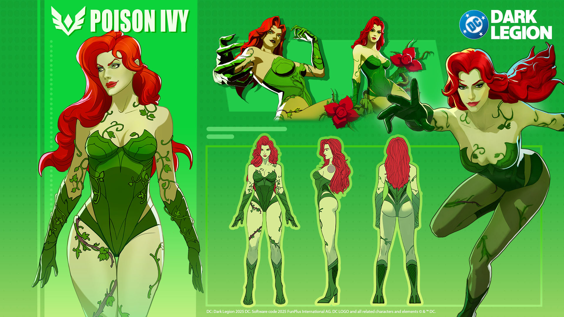 poison ivy, dc comics, commentary, english commentary, highres, 1girl, breasts, colored skin, dc: dark legion, gloves, green eyes, green gloves, green leotard, green skin, leotard, medium breasts, multiple views, pantyhose, plant, red hair, red lips, reference sheet, vines