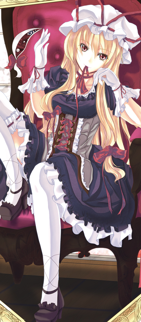 oimari, yakumo yukari, touhou, 1girl, blonde hair, bow, chair, female focus, gap (touhou), gloves, hair bow, hat, long hair, mouth hold, red eyes, ribbon, ribbon in mouth, sitting, solo, thighhighs, white gloves, white thighhighs