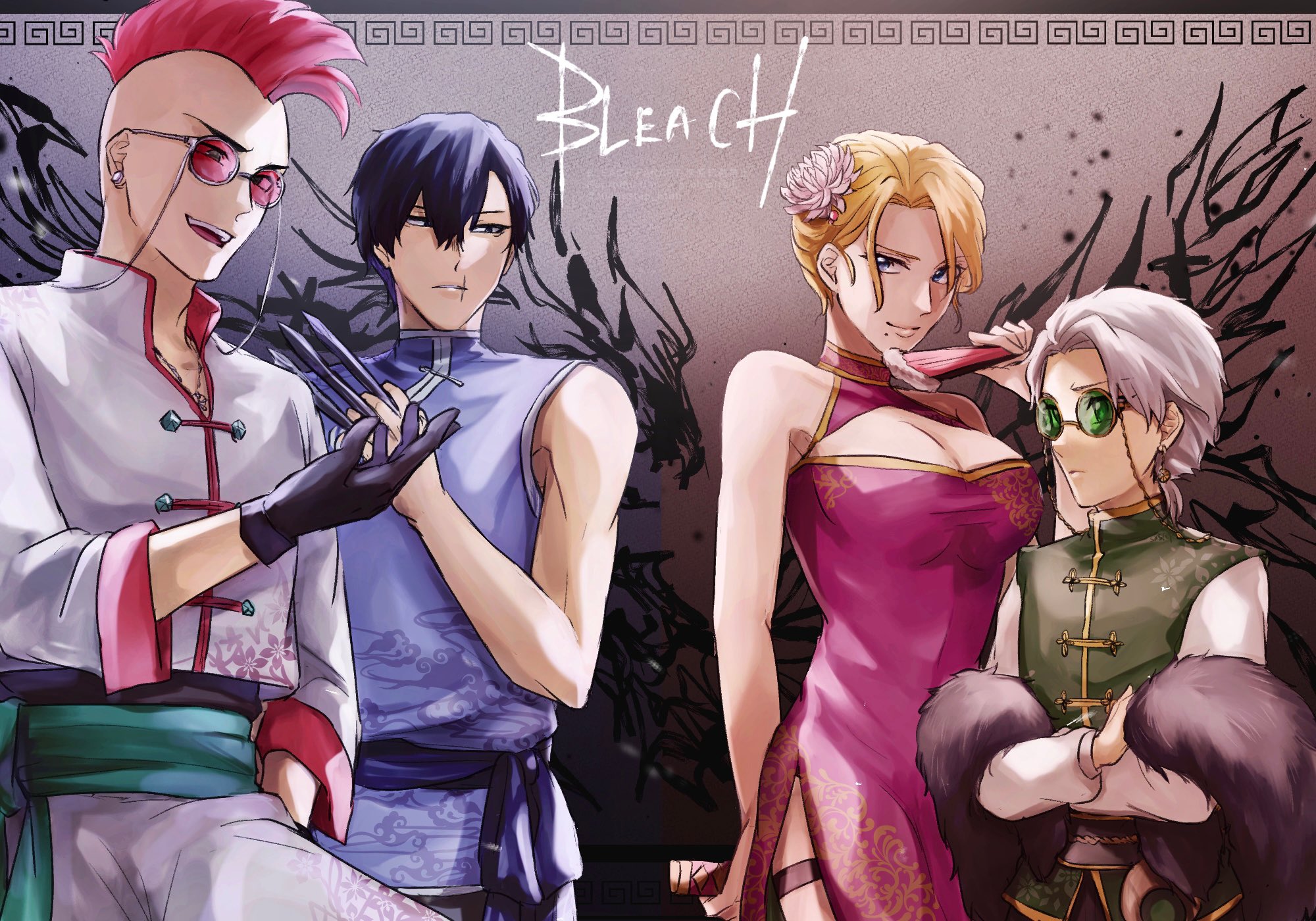 1046sstep btoh, bazz-b, cang du, hitsugaya toushirou, matsumoto rangiku, bleach, bleach: sennen kessen-hen, commentary request, highres, 1girl, 3boys, alternate hairstyle, black gloves, black hair, breasts, china dress, chinese clothes, cleavage, cleavage cutout, clothing cutout, copyright name, dress, earrings, flower, folding fan, frown, fur scarf, glasses, gloves, green-tinted eyewear, hair flower, hair ornament, hand fan, holding, holding fan, holding weapon, jewelry, large breasts, lips, mohawk, mole, mole under mouth, multiple boys, necklace, open mouth, red-tinted eyewear, red hair, sash, scar, scar on face, scar on mouth, side slit, smile, tangzhuang, thigh strap, tinted eyewear, watermark, weapon