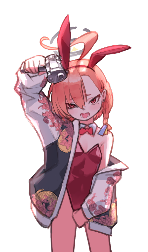 joykoygo, neru (blue archive), neru (bunny) (blue archive), blue archive, 1girl, ahoge, aiming, animal ear hairband, animal ears, arm up, between legs, bow, bowtie, braid, breasts, cleavage, covering privates, detached collar, fake animal ears, floral print, floral print jacket, gangsta hold, gun, hair ornament, hairband, halo, hand between legs, handgun, holding, holding gun, holding weapon, huge ahoge, jacket, leotard, medium hair, mole under each eye, mole under eye, multiple moles, open clothes, open jacket, open mouth, orange hair, pistol, playboy bunny, pointing gun at viewer, rabbit ear hairband, rabbit ears, red eyes, red hairband, red leotard, side braid, small breasts, solo, standing, sukajan, weapon, white background